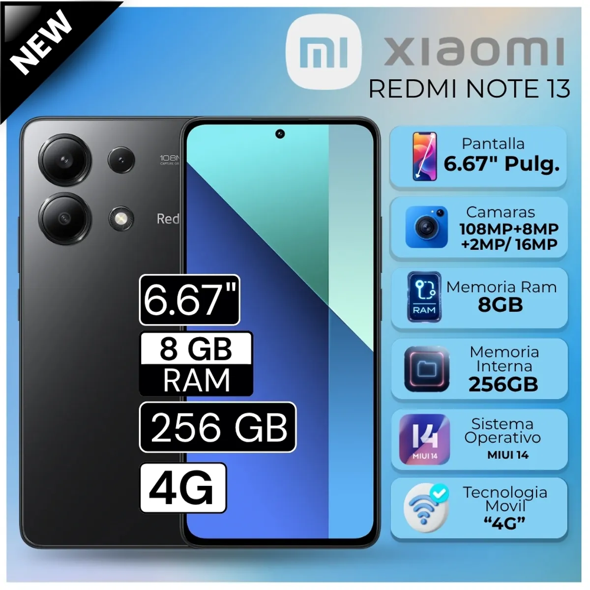 XIAOMI - Celular Xiaomi Redmi Note 13 8GB RAM 256GB 6.67"  Pulg. MIUI 14 - Midnight Black