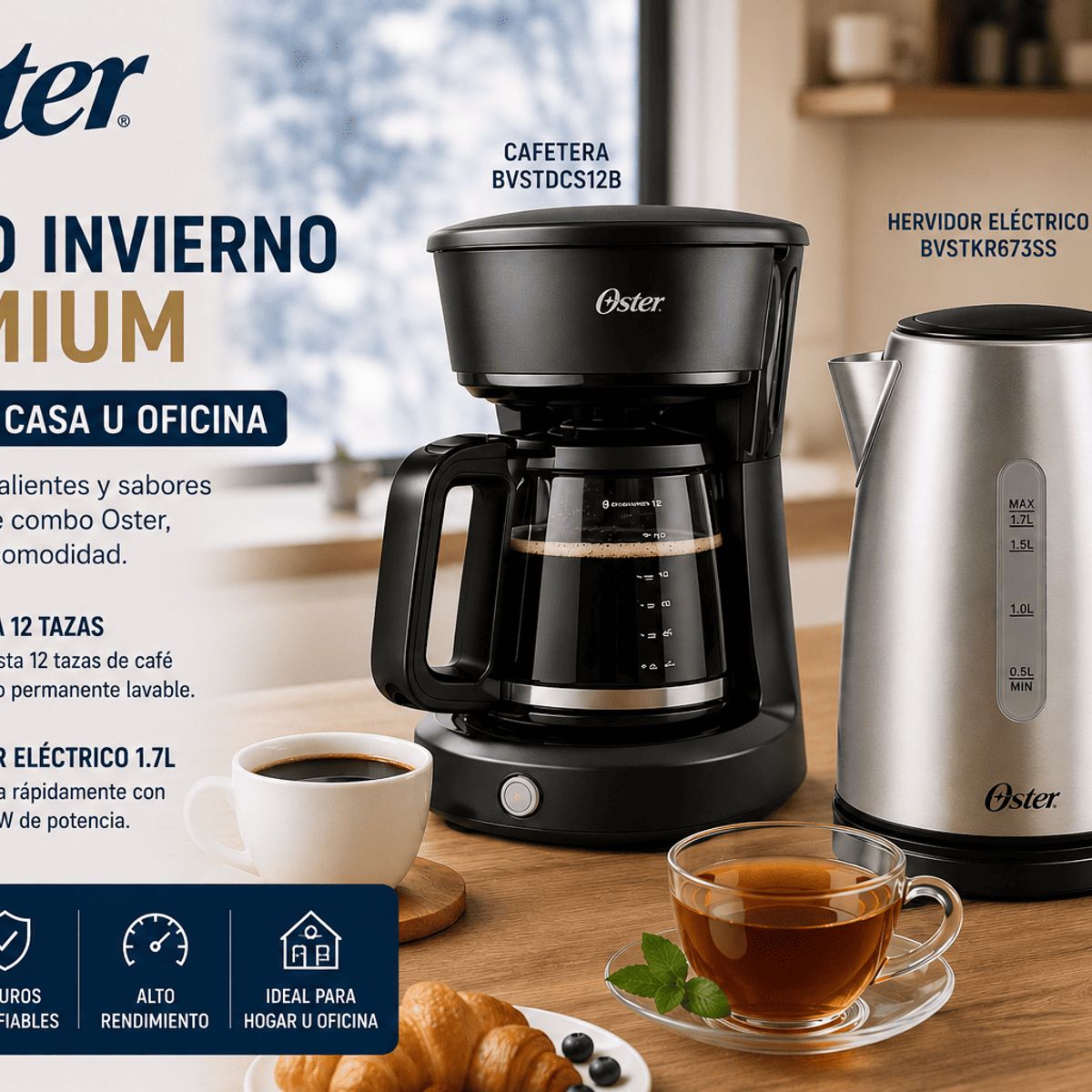 OSTER - Combo Oster Premium Cafetera 12 Tazas BVSTDCS12B + Hervidor Eléctrico 1.7L BVSTKT673SS