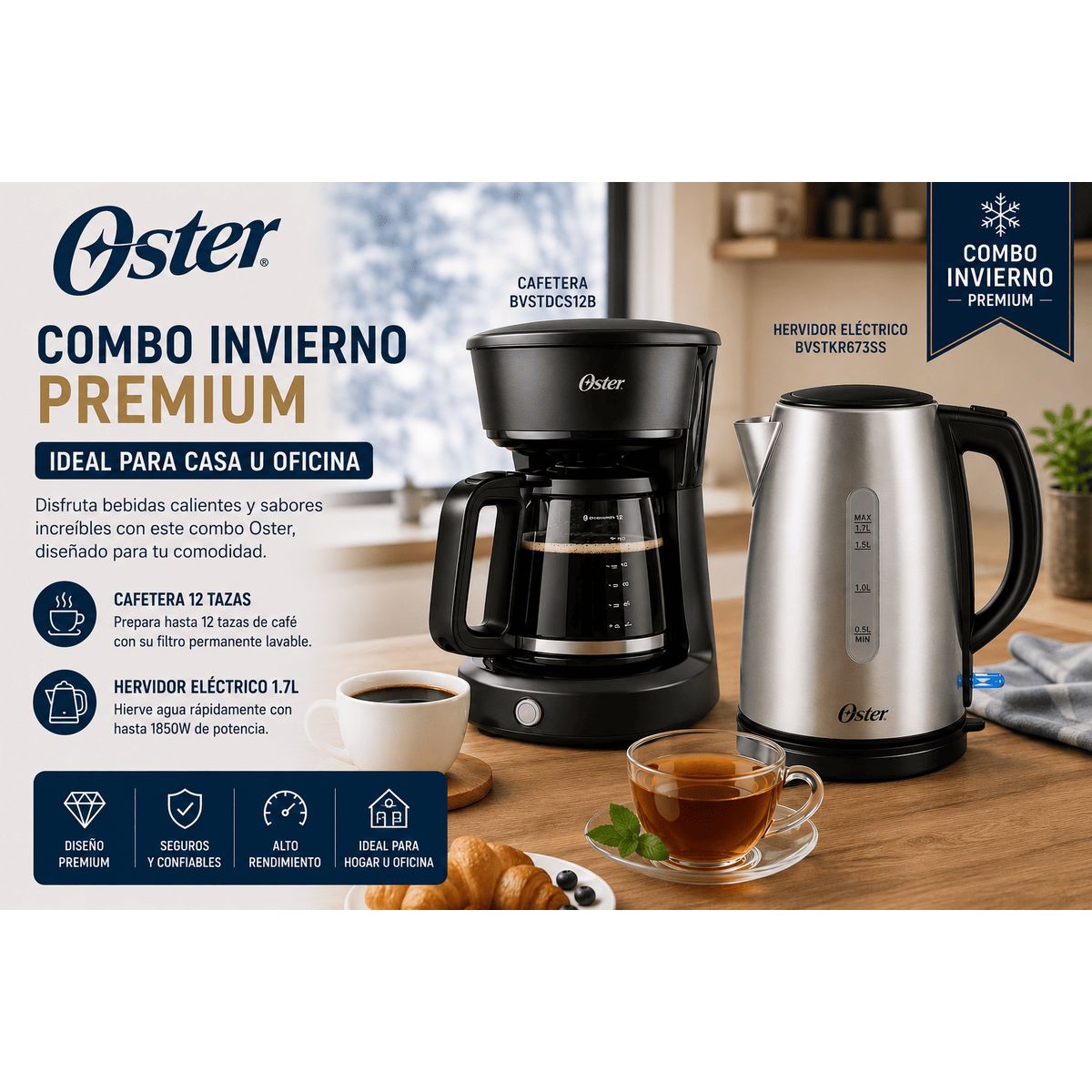 OSTER - Combo Oster Premium Cafetera 12 Tazas BVSTDCS12B + Hervidor Eléctrico 1.7L BVSTKT673SS