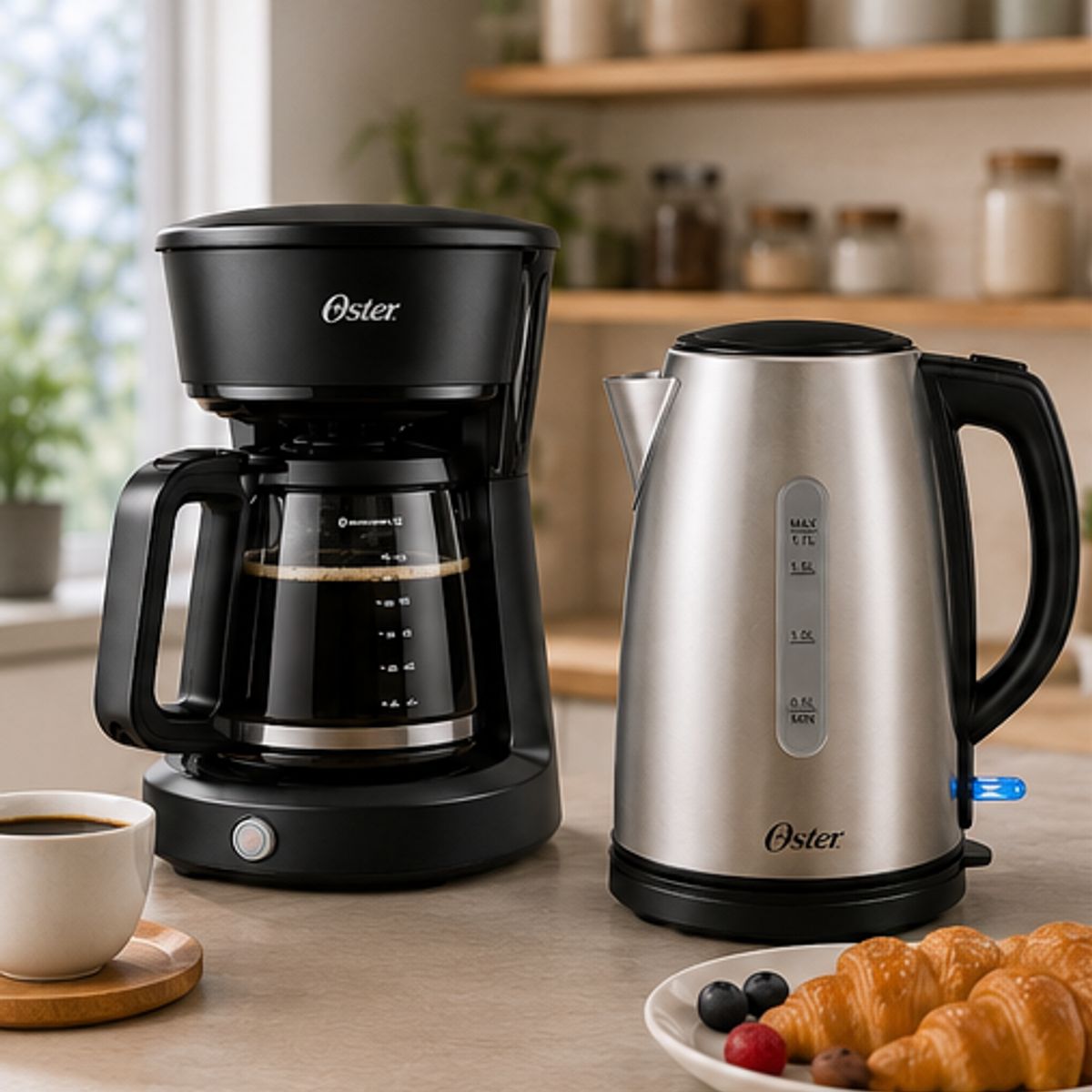 OSTER - Combo Oster Premium Cafetera 12 Tazas BVSTDCS12B + Hervidor Eléctrico 1.7L BVSTKT673SS