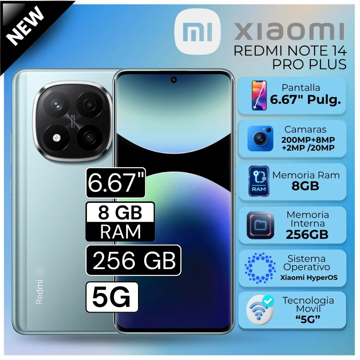 XIAOMI - Celular Xiaomi Redmi Note 14 Pro Plus 6.67"  Pulg. 8GB RAM 256GB Xiaomi HyperOS - Azul Escarcha