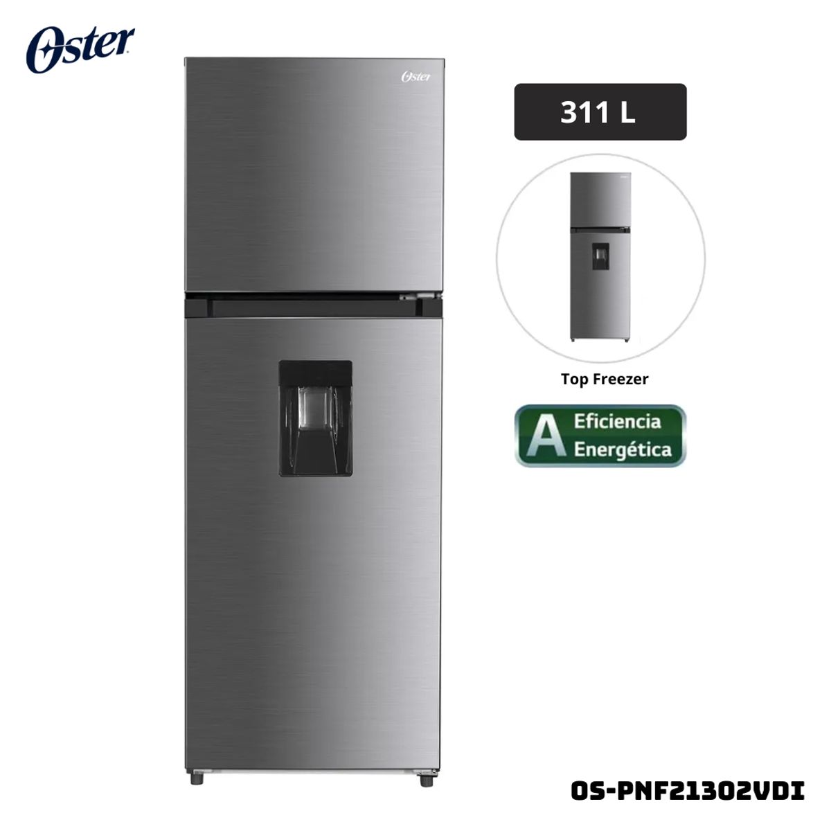 OSTER - REFRIGERADORA OSTER 331 L CON DISP DE AGUA GRIS INOX - OS-PNF21302VDI