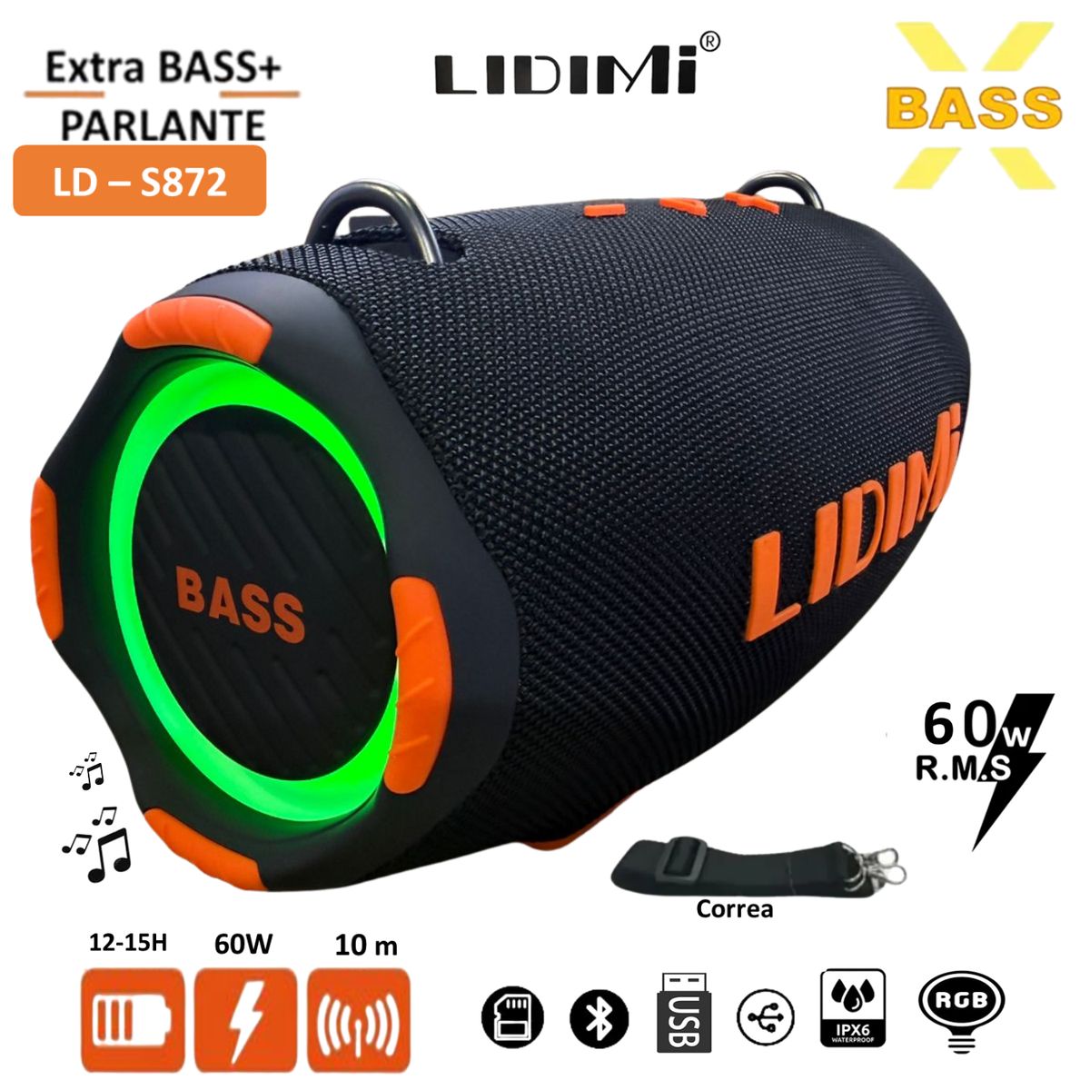 LIDIMI - Parlante Portátil Lidimi LD-S872 Extra Bass 60W Bluetooth USB