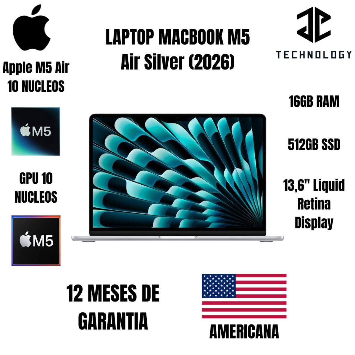APPLE - MacBook M5 Air  16GB RAM  512GB SSD  13  Silver  Teclado Ingles