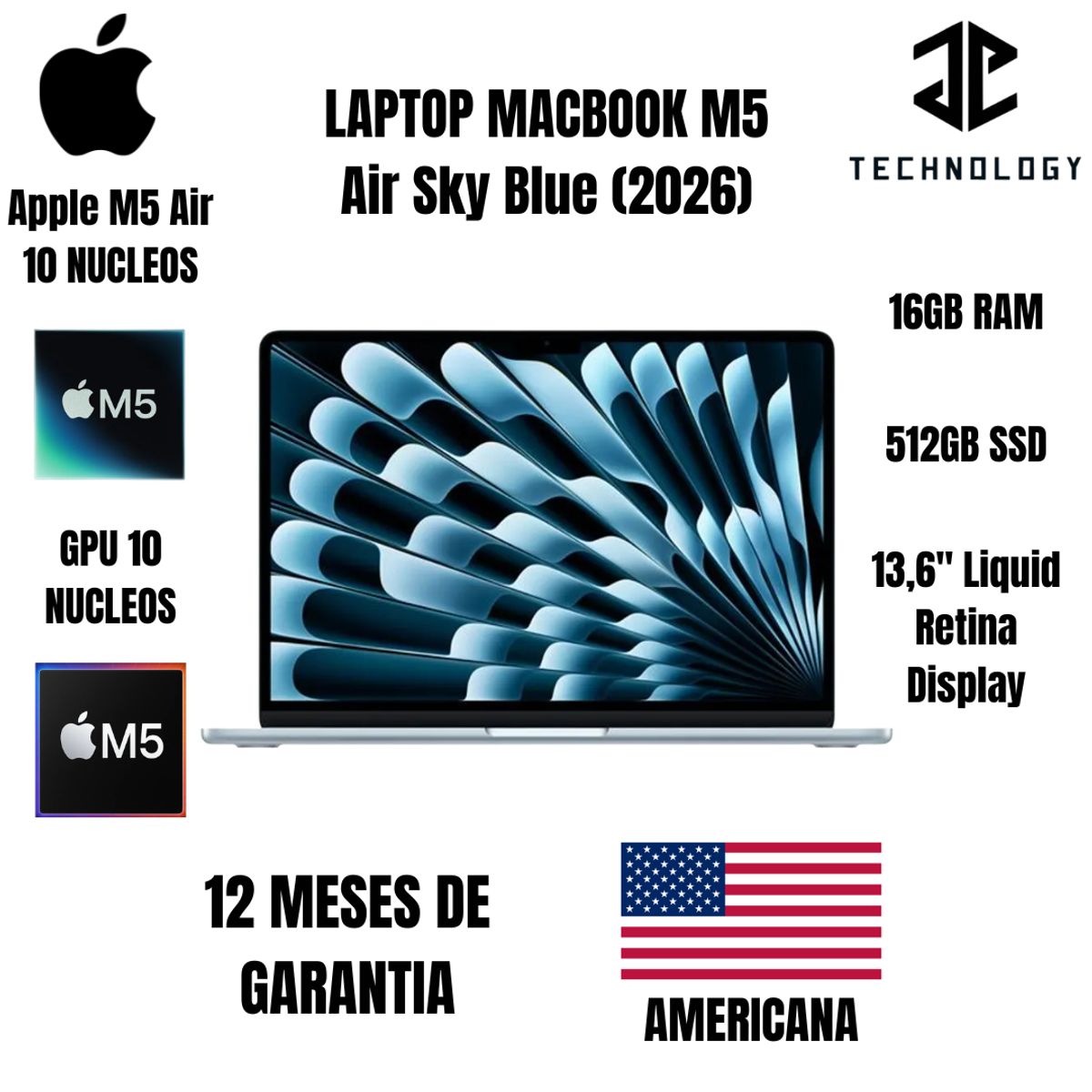 APPLE - MacBook M5 Air 16GB RAM 512GB SSD 13"  Sky Blue Teclado Ingles