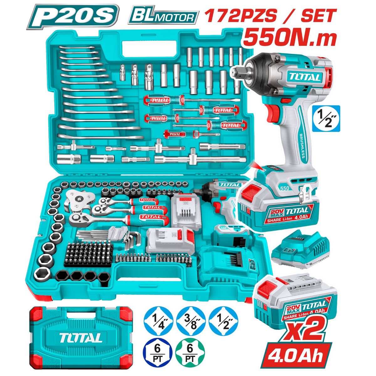 Total Tools - LLAVE DE IMPACTO 550NM CON ACCESORIOS 172PCS  THKTHP41728