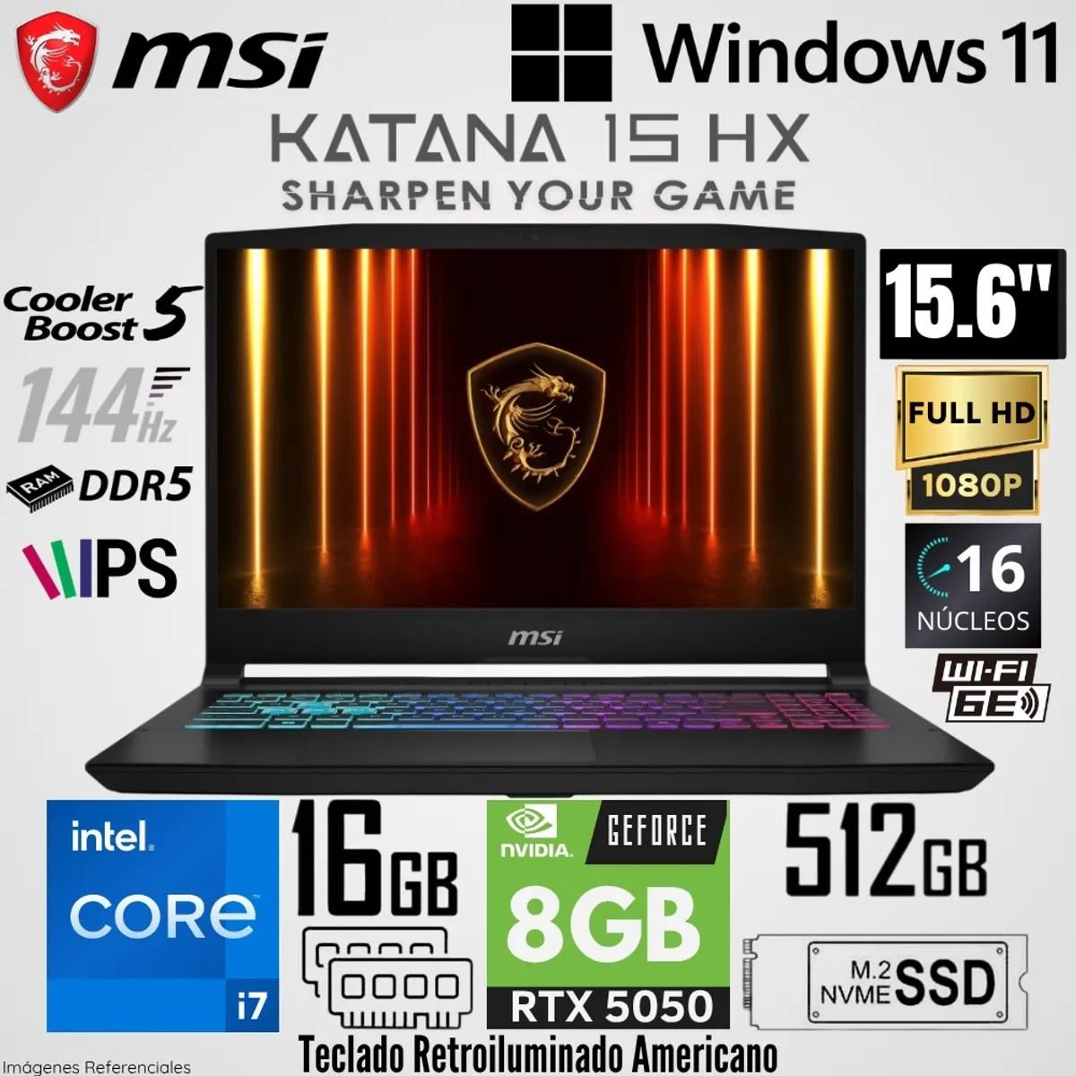 Msi - Laptop MSI Katana 15 B14WEK Intel Core i7-14650HX 16GB RAM 512GB SSD RTX 5050-8GB 15.6"  FHD 144Hz