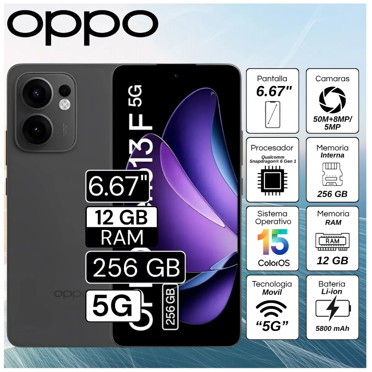 OPPO - Celular Oppo Reno 13F 5G  6.67"  Pulg. 12GB RAM 256GB ColorOS 15.0 - Gris