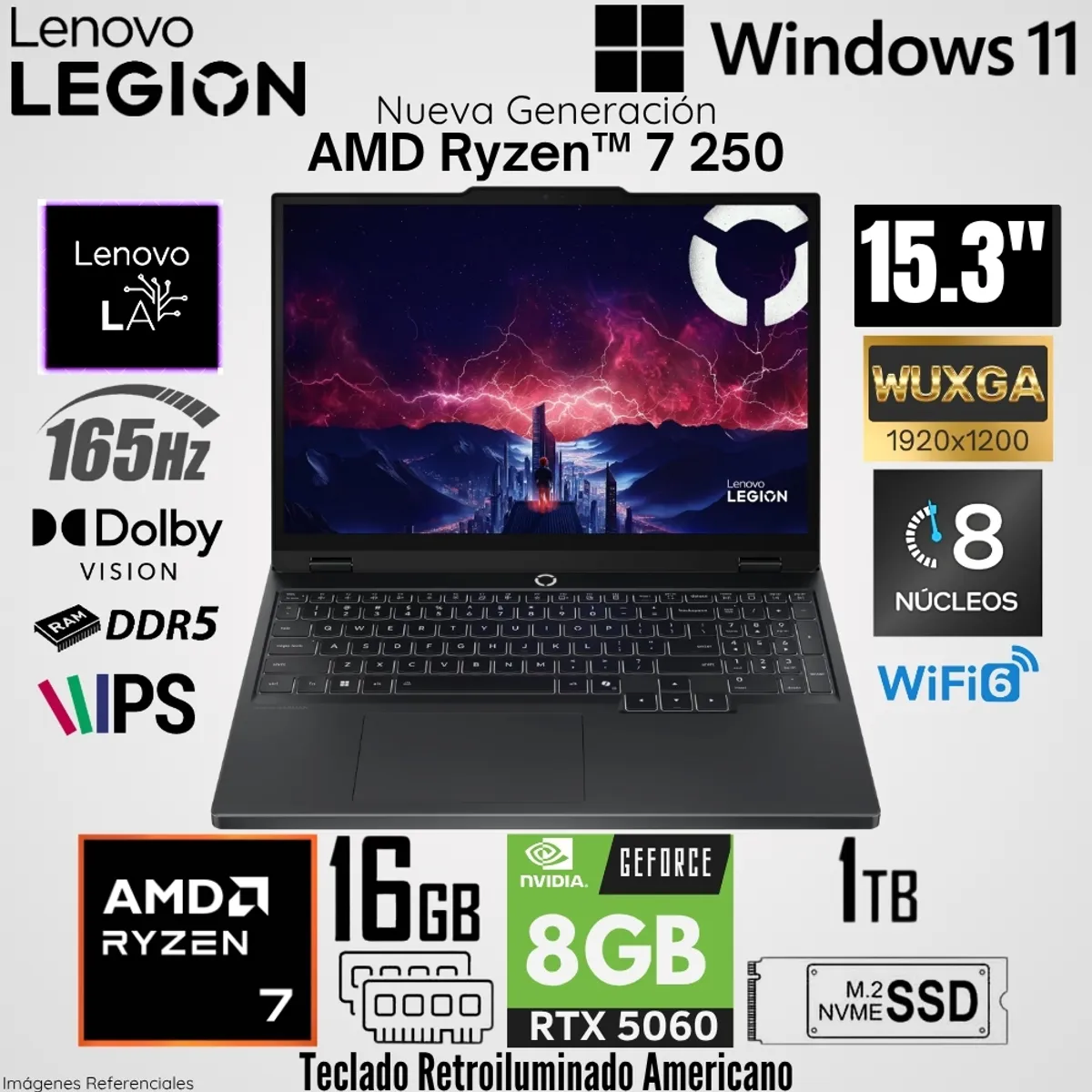 LENOVO - Laptop Lenovo Legion 5 15AHP10 AMD Ryzen 7 260 16GB RAM 1TB SSD RTX 5060-8GB 15.3"  WUXGA 165Hz