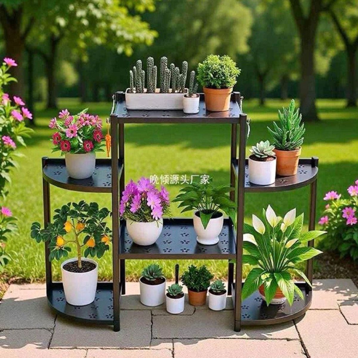 GENERICO - Porta Macetas de Plástico con Soportes Metálicos 5 Niveles para Interior y Exterior Negro