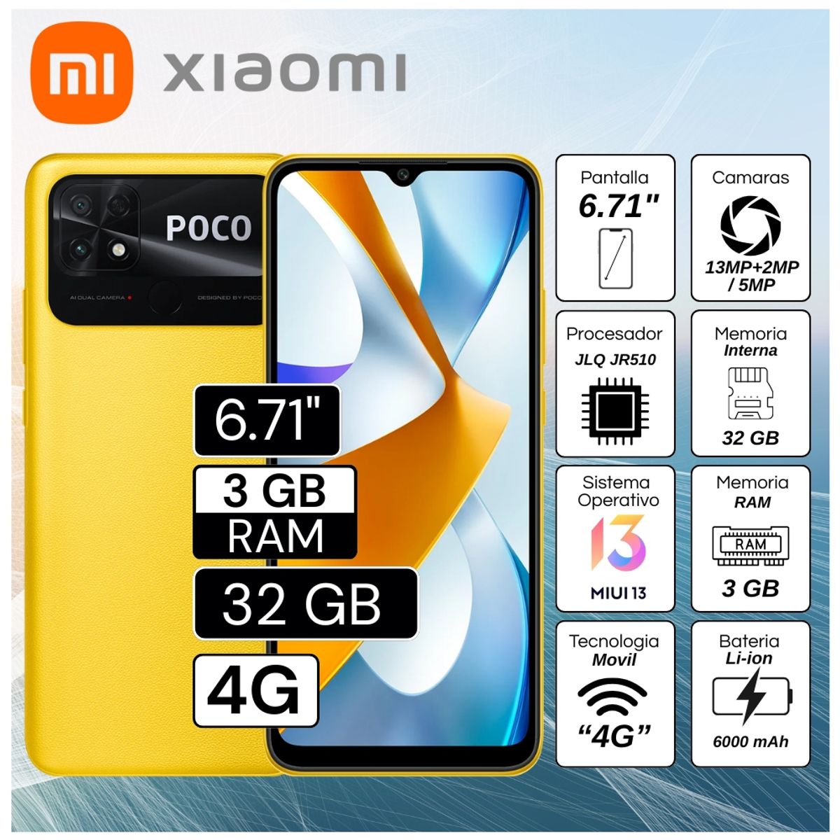 XIAOMI - Celular Xiaomi Poco C40 6.71"  Pulg. 3GB RAM 32GB MIUI 13 - Amarillo Poco