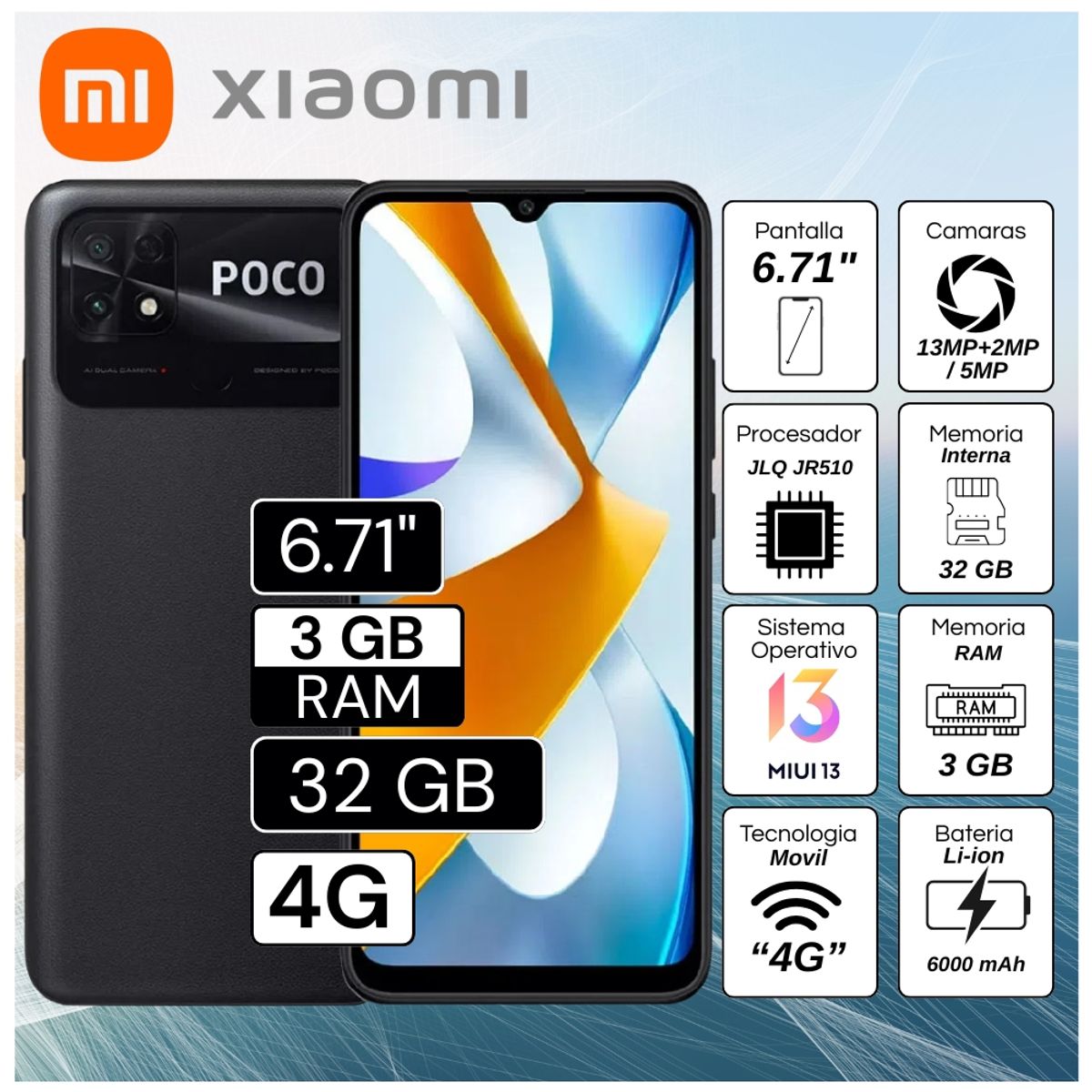 XIAOMI - Celular Xiaomi Poco C40 6.71"  Pulg. 3GB RAM 32GB MIUI 13 - Negro Asfalto