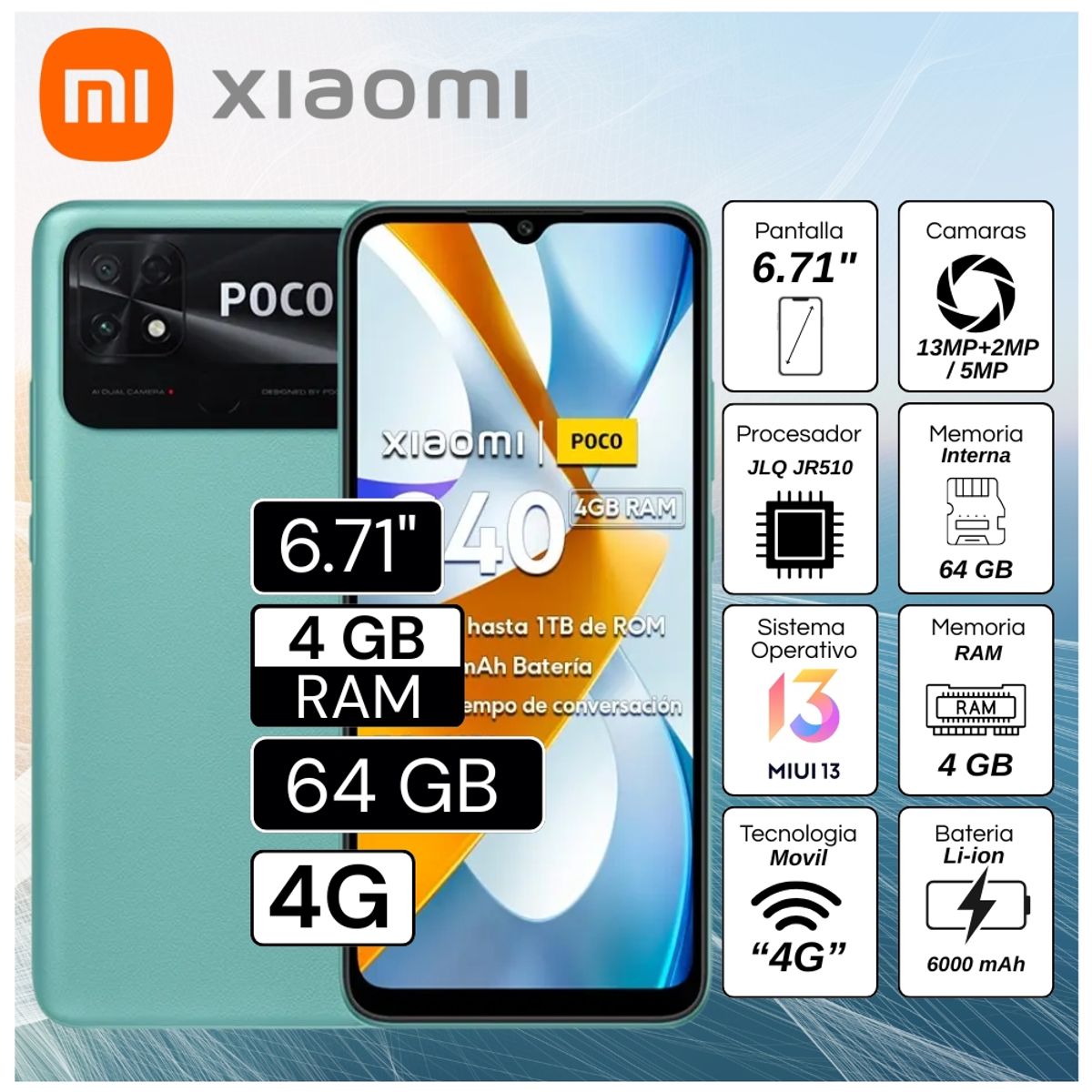 XIAOMI - Celular Xiaomi Poco C40 6.71"  Pulg. 4GB RAM 64GB MIUI 13 - Verde Coral