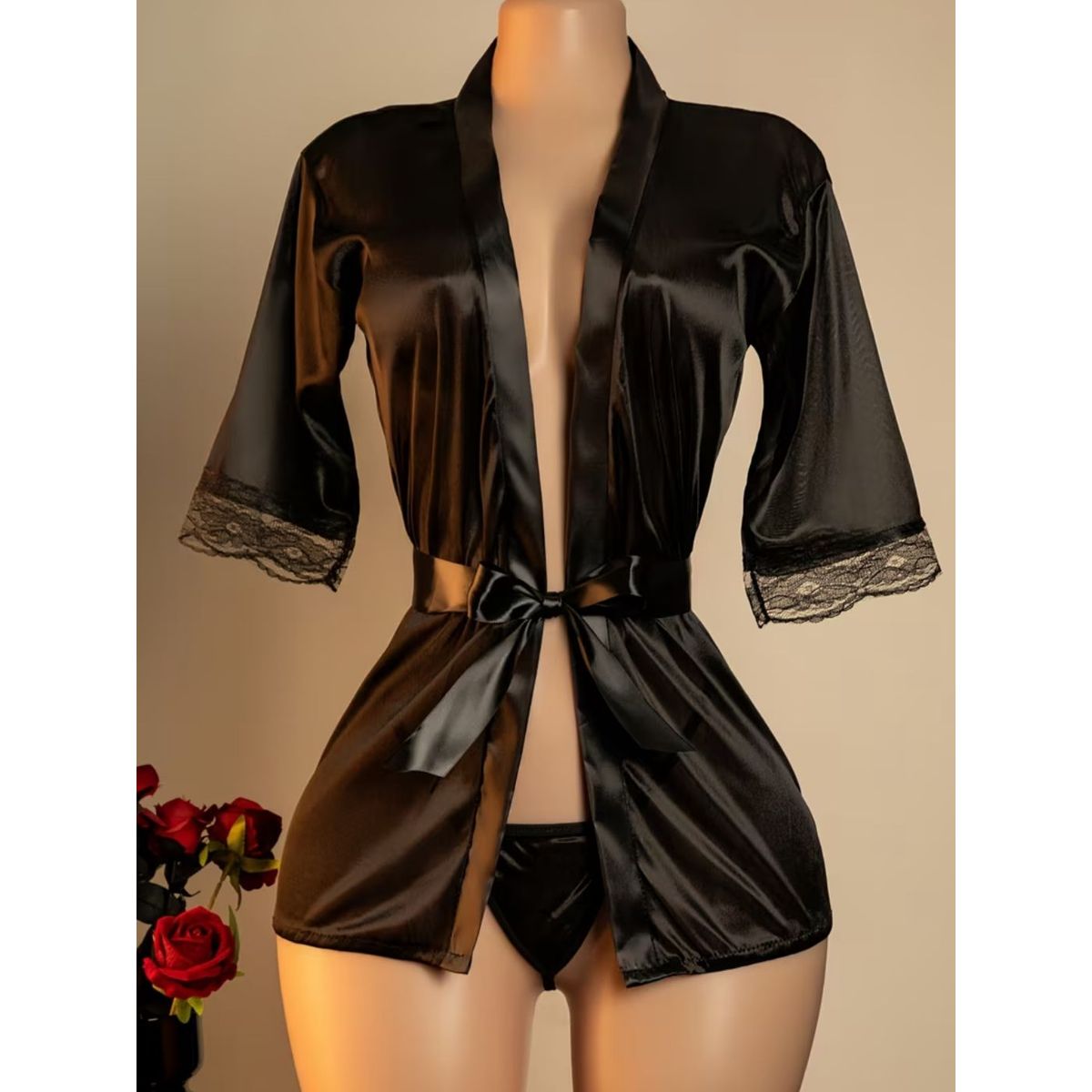 GENERICO - BATA DE SATIN NEGRA CON CINTURON PARA MUJER – VESTIDO KIMONO LENCERIA SEXY INCLUYE HILO /  TALLA S/M