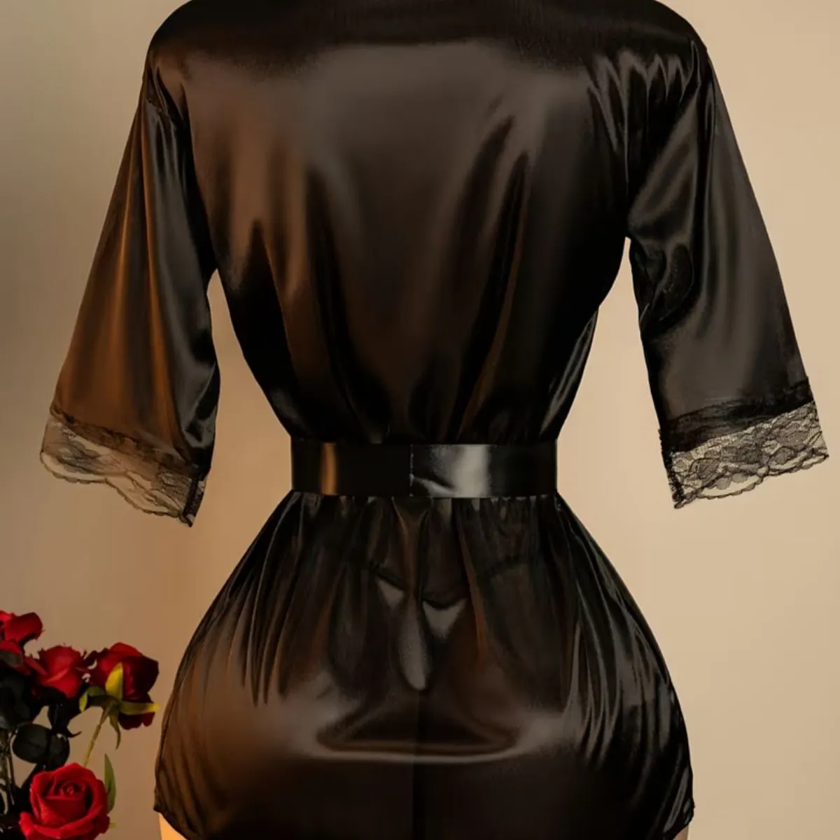 GENERICO - BATA DE SATIN NEGRA CON CINTURON PARA MUJER – VESTIDO KIMONO LENCERIA SEXY INCLUYE HILO /  TALLA S/M