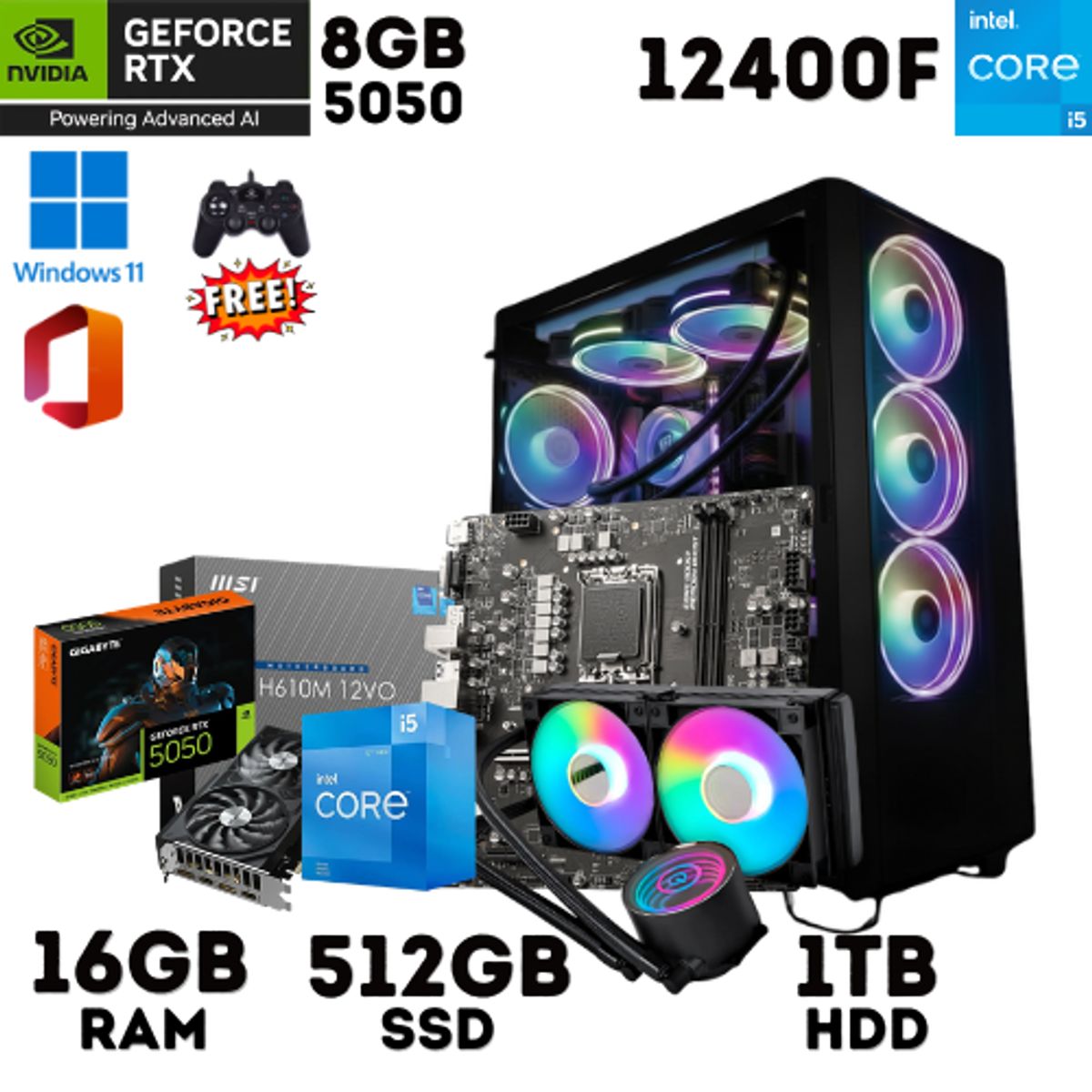 INTEL - PC Gamer Intel Core iI5 12400F 16GB Ram 512GB Ssd 1TB HDD RTX 5050 8GB Refrigeracion liquida
