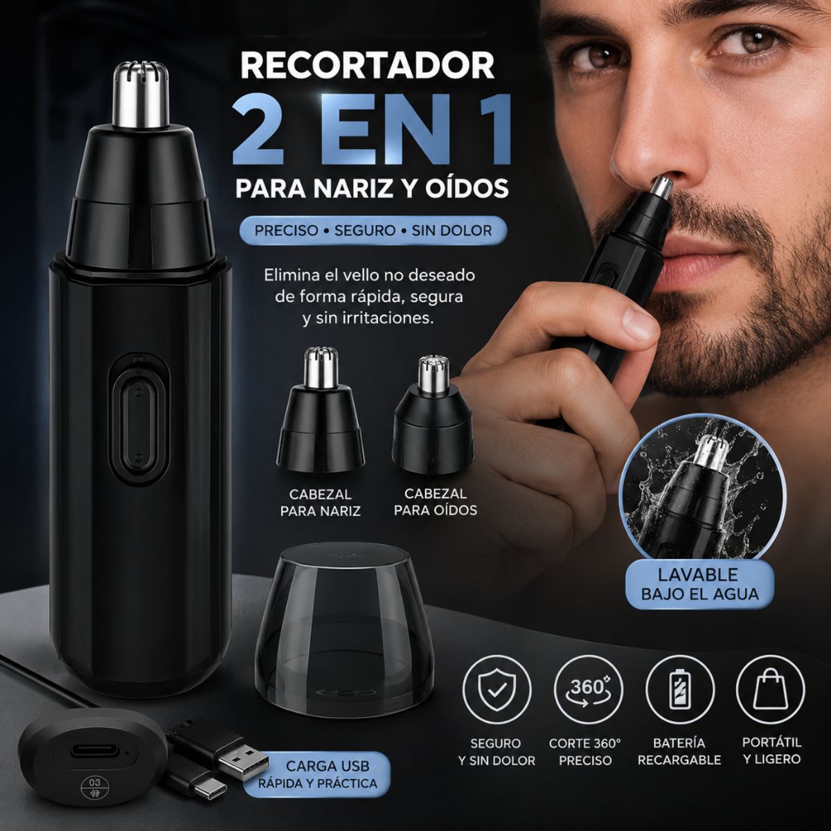GENERICO - Recortador de Nariz y Oídos para Hombre USB  Cortadora Eléctrica de Vello Facial