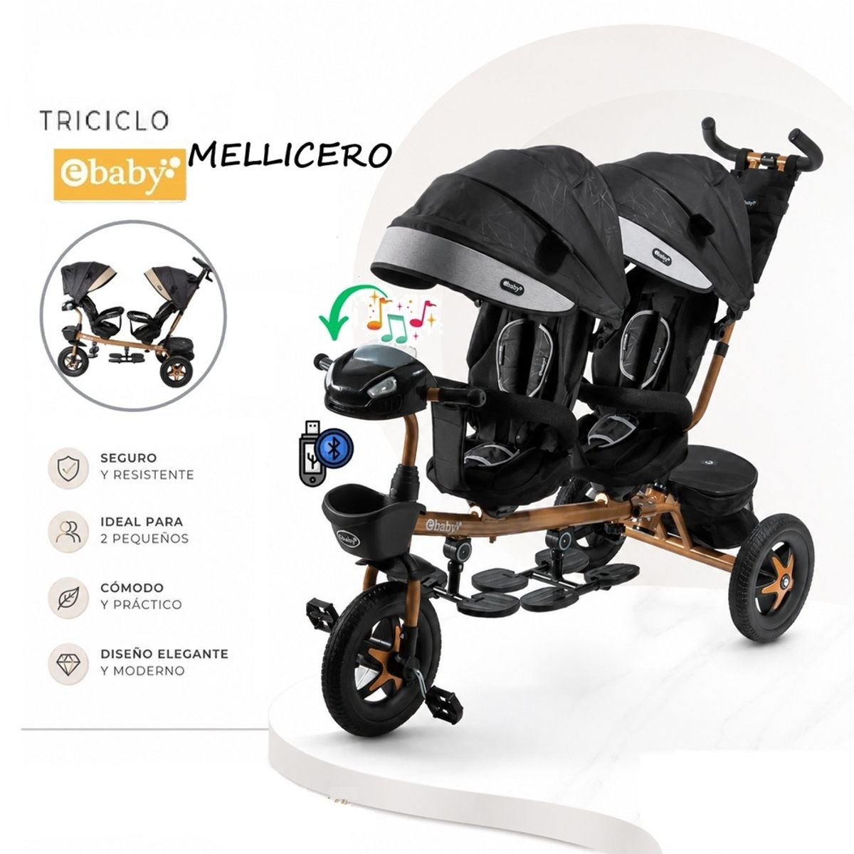 EBABY - Triciclo Mellicero Gemelar DUO LAZZO Guiador con USB Musica Luces