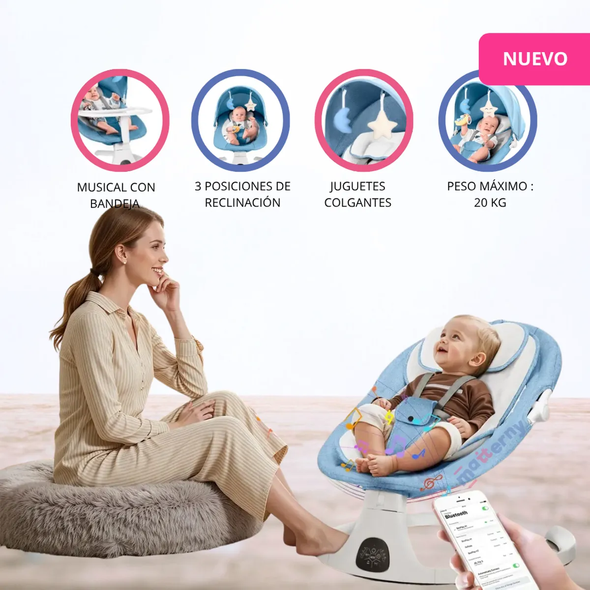 IDEAL BABY & KIDS - Silla Mecedora Eléctrica para Bebé «LUNA» Blue