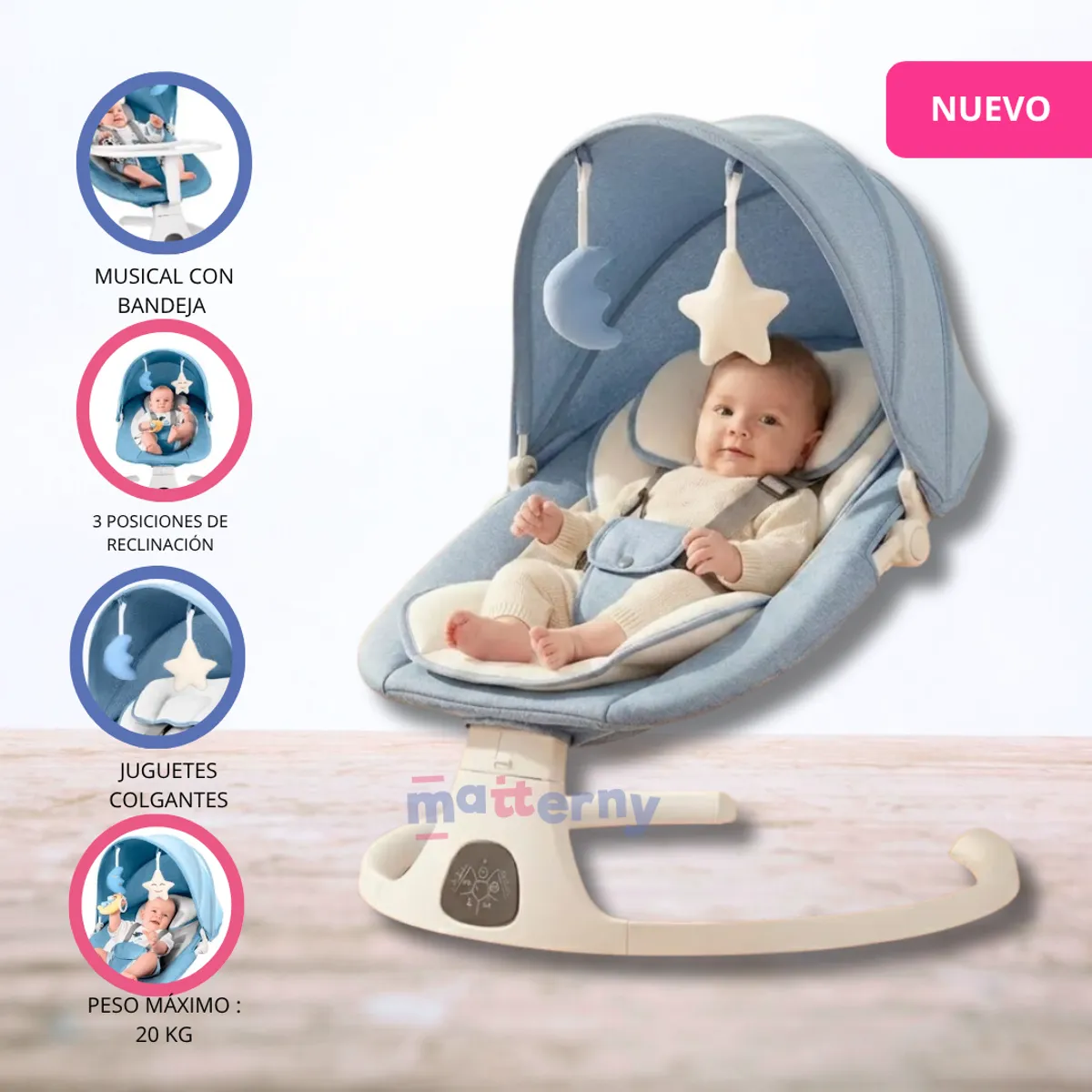 IDEAL BABY & KIDS - Silla Mecedora Eléctrica para Bebé «LUNA» Blue