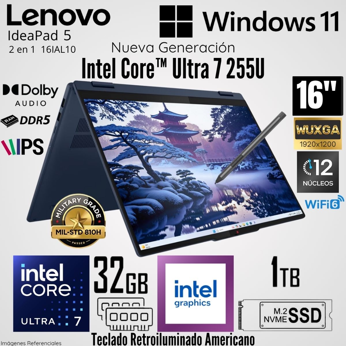LENOVO - Laptop Lenovo IdeaPad 5 2 en 1 16IAL10 Intel Core Ultra 7 255U 32GB RAM 1TB SSD 16"  WUXGA Táctil