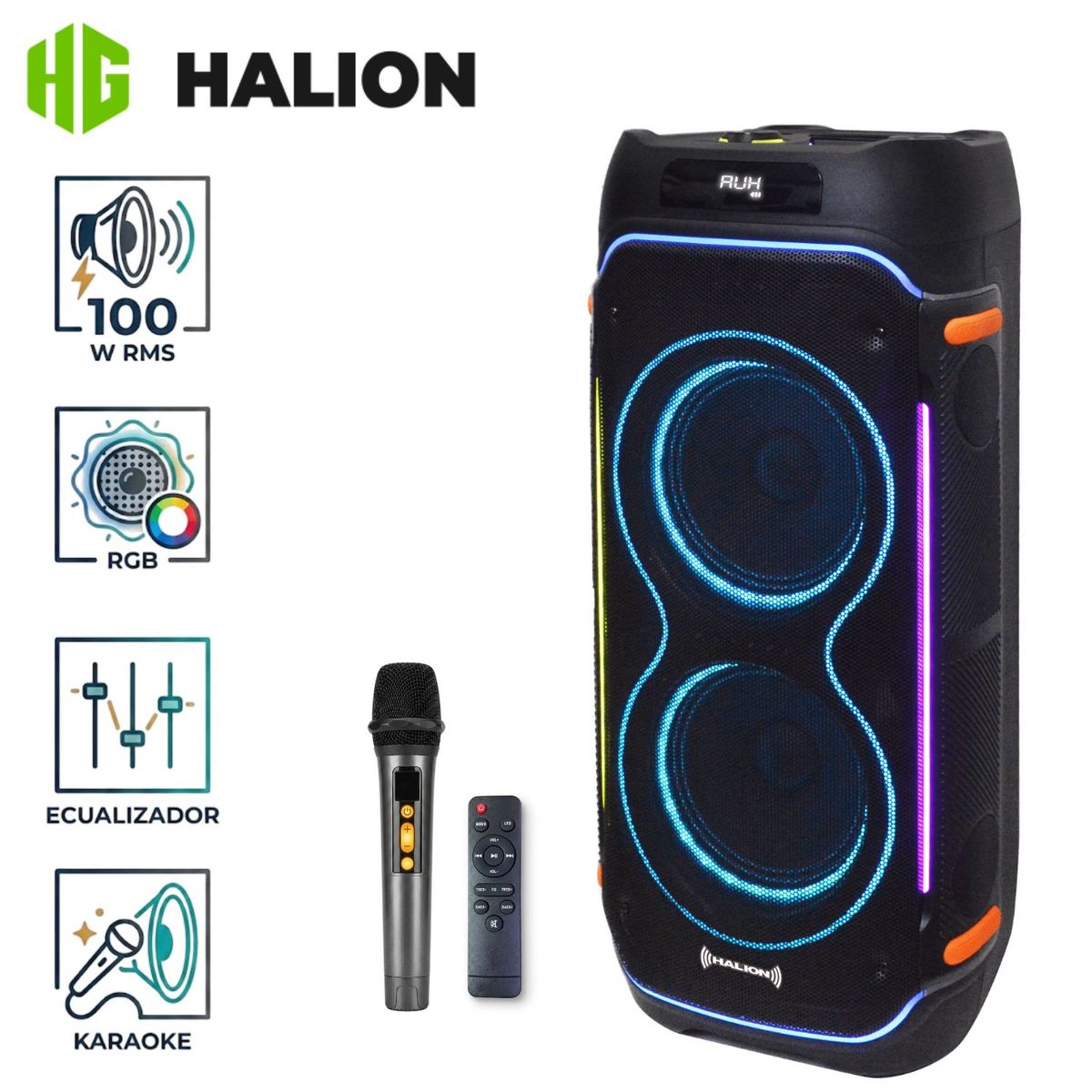 HALION - Parlante Torre Halion HA-844 Mambo 02 Boufer 8" USB BT TWS 01 MICRÓFONO