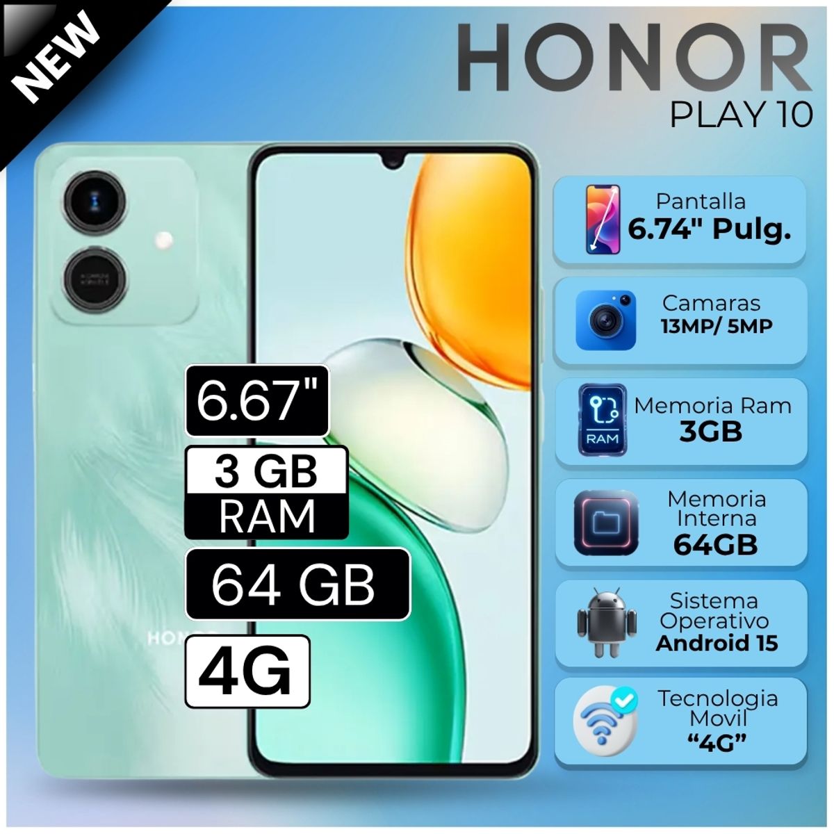 HONOR - Celular Honor Play 10  6.74" Pulg. 3GB RAM 64GB Android 15 - Azul Cian