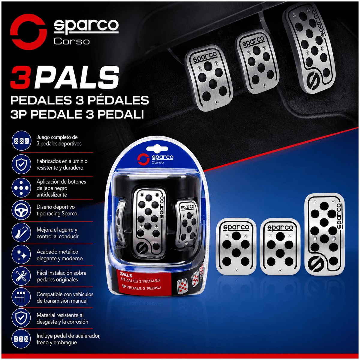 JET - Pedales Para Auto De Aluminio Universal 3Pcs