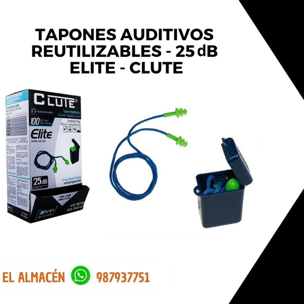 TAPONES AUDITIVOS REUTILIZABLES NRR 25 dB - ELITE (Caja x 100 estuches), marca CLUTE - Foto Principal