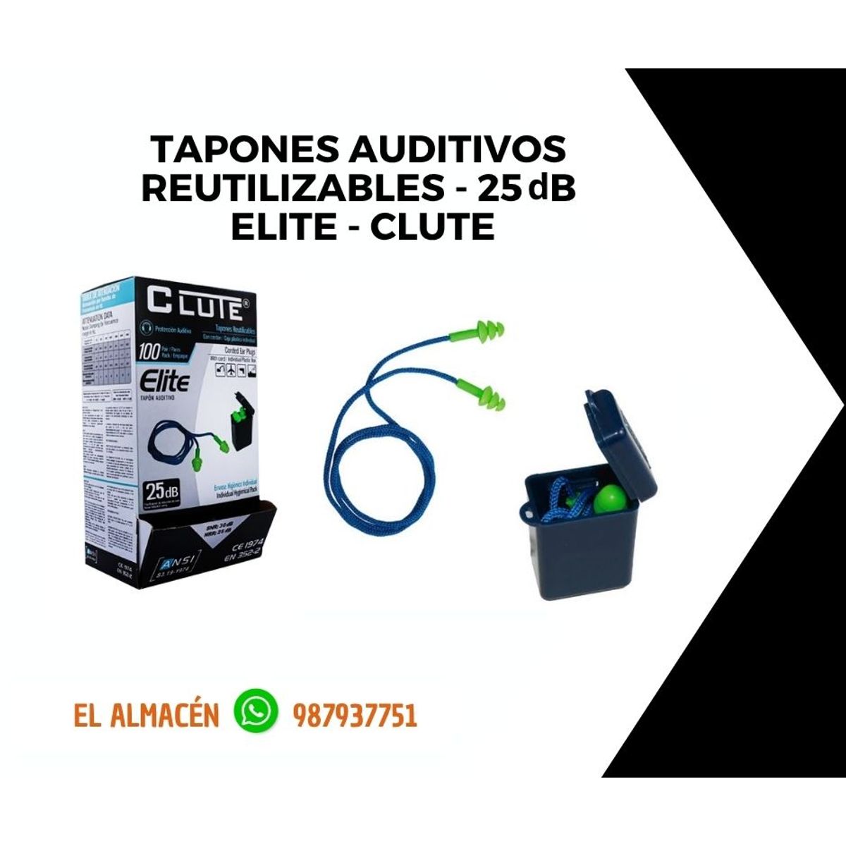 TAPONES AUDITIVOS REUTILIZABLES NRR 25 dB - ELITE (Caja x 100 estuches), marca CLUTE - Foto Principal