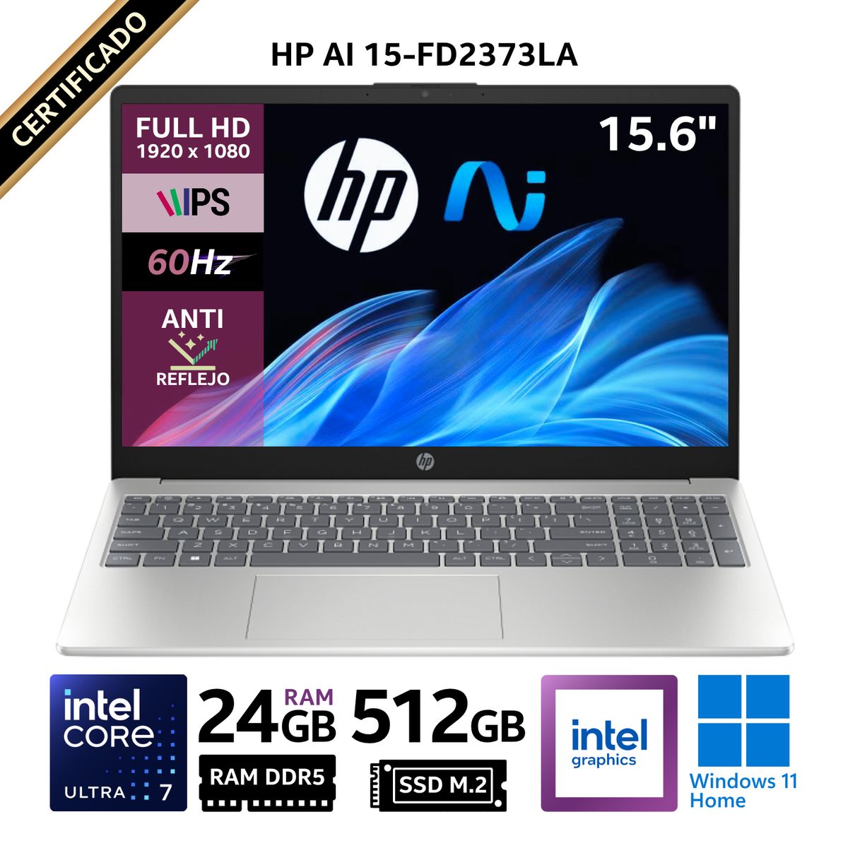 HP - Laptop HP AI, 15.6" FHD IPS, Intel Core Ultra 7 255U, RAM 24 GB, SSD 512 GB, Windows 11, 15-FD2373LA