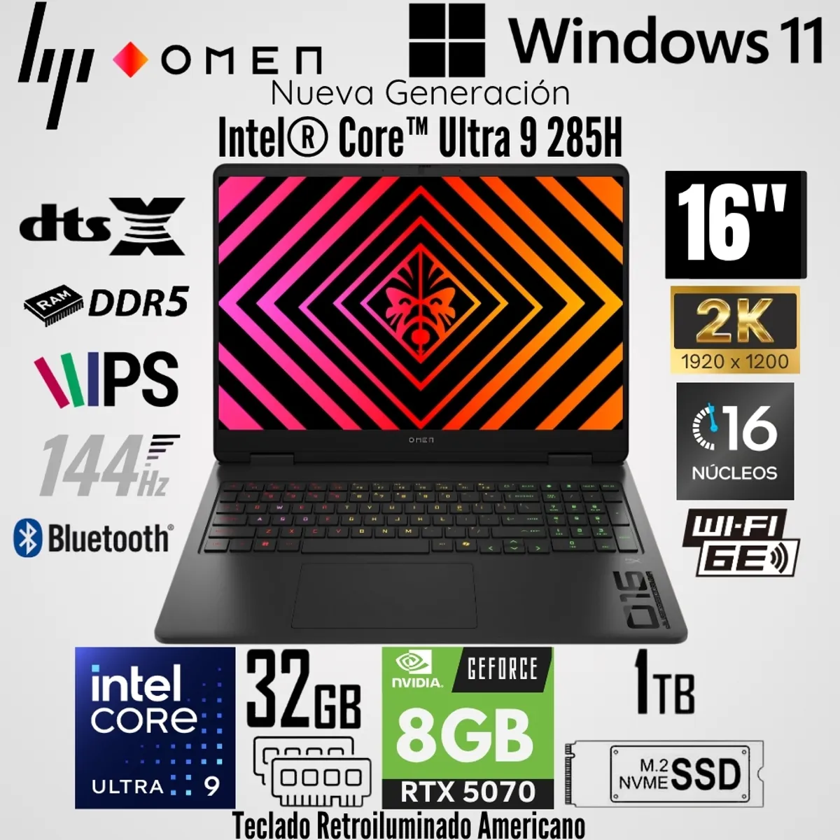 HP - Laptop HP OMEN 16-AN0075CL Intel Core Ultra 9 285H 32GB RAM 1TB SSD RTX 5070-8GB 16"  2K WUXGA 144 Hz