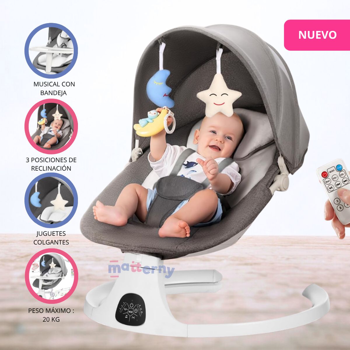 IDEAL BABY & KIDS - Silla Mecedora Eléctrica para Bebé «LUNA» Gray