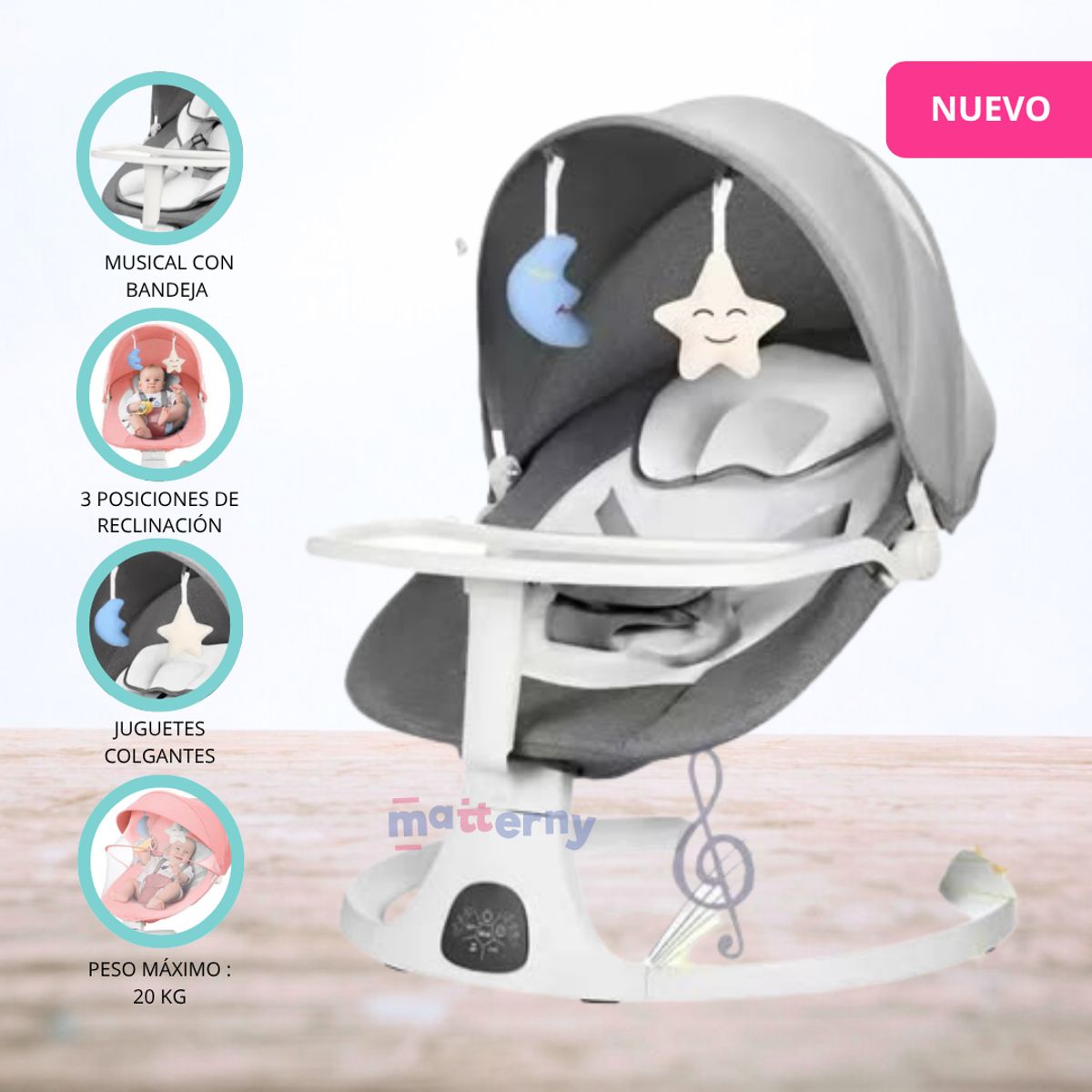 IDEAL BABY & KIDS - Silla Mecedora Eléctrica para Bebé «LUNA» Gray