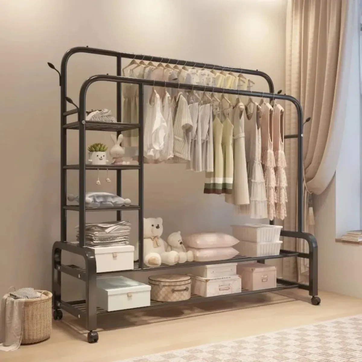 GENERICO - PERCHERO ORGANIZADOR 160 CM DOBLE BARRA CON ESTANTES LATERALES - BLANCO O NEGRO