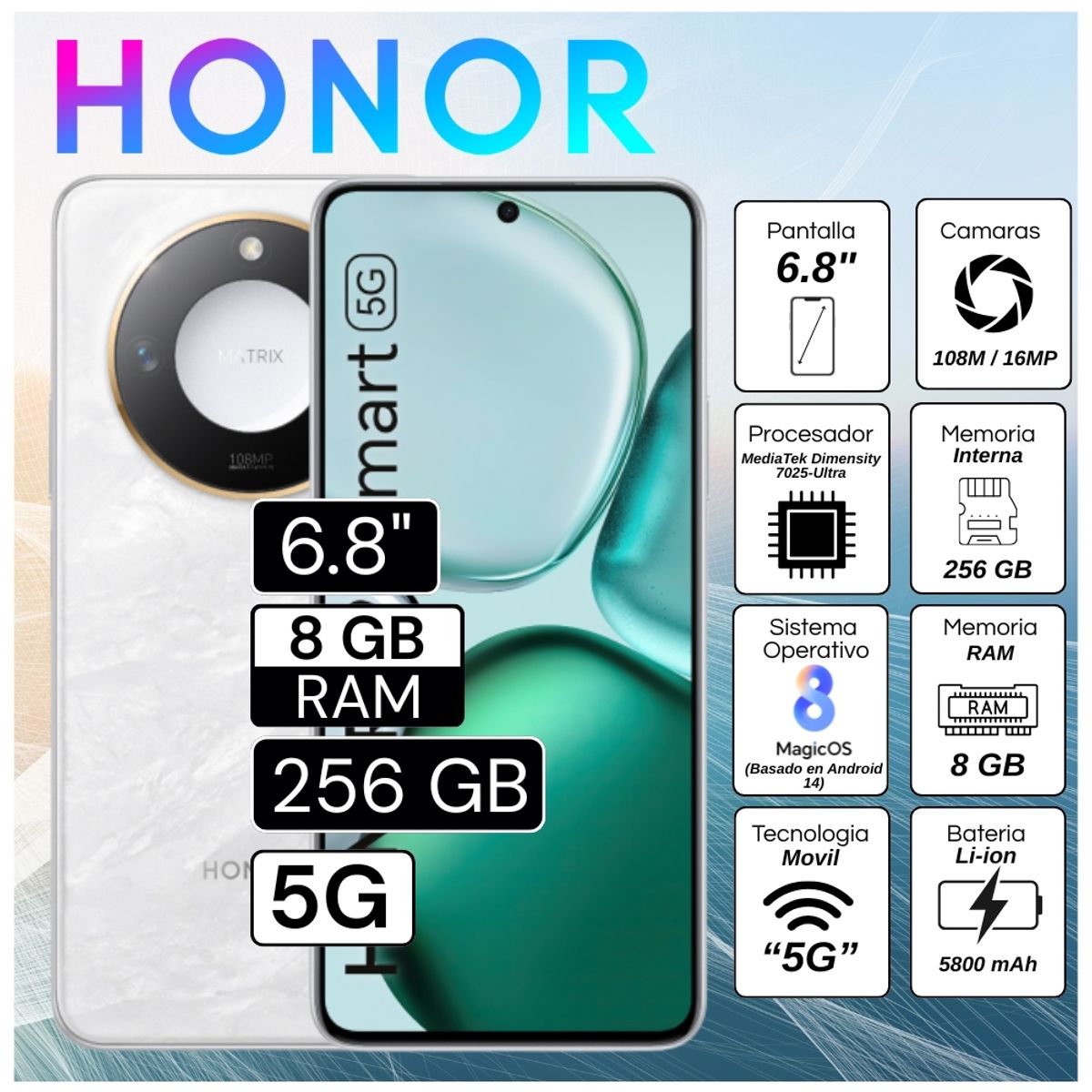 HONOR - Celular Honor X9C Smart 5G  6.8"  Pulg. 8GB RAM 256GB RAM MagicOS 8.0 - Blanco Lunar