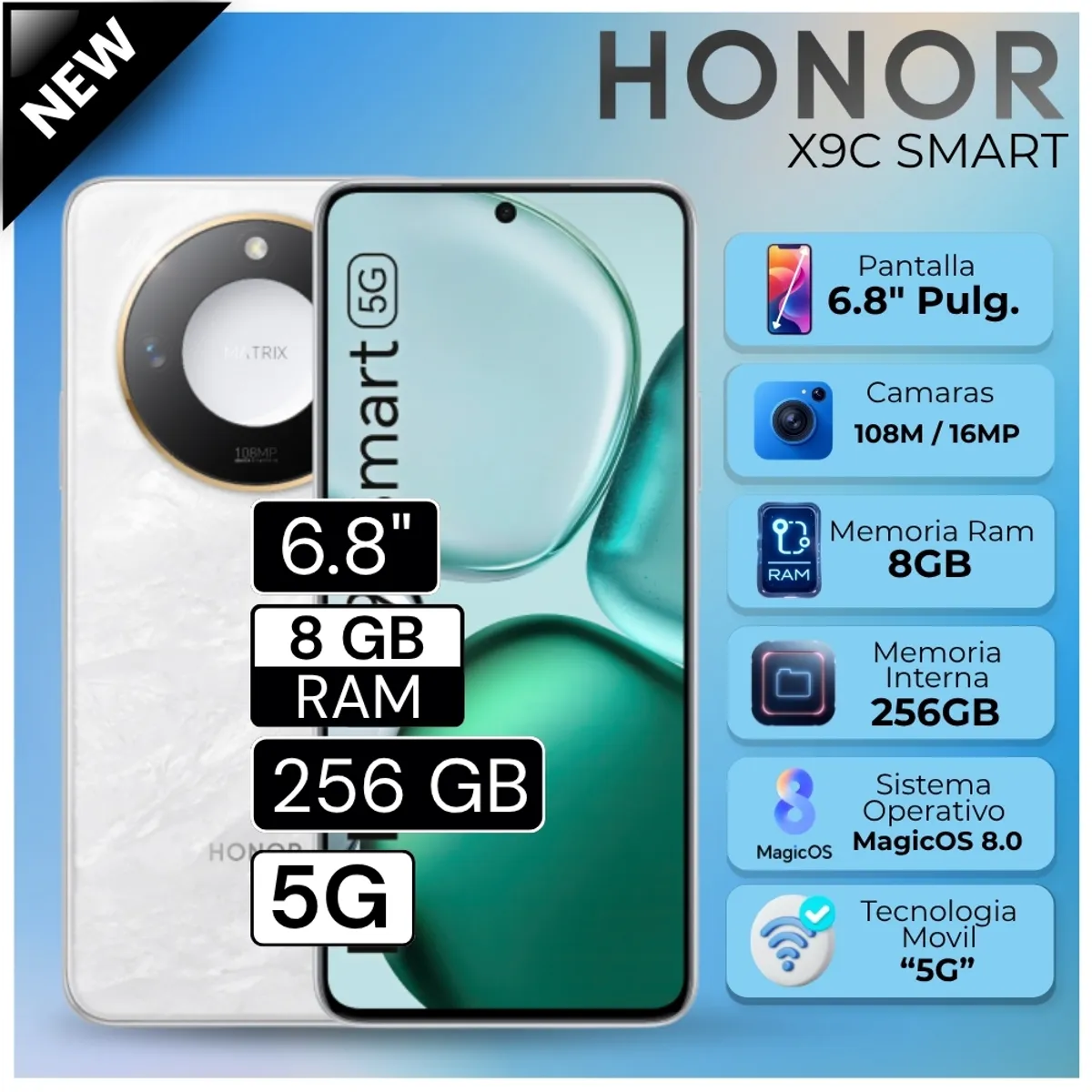 HONOR - Celular Honor X9C Smart 5G  6.8"  Pulg. 8GB RAM 256GB RAM MagicOS 8.0 - Blanco Lunar