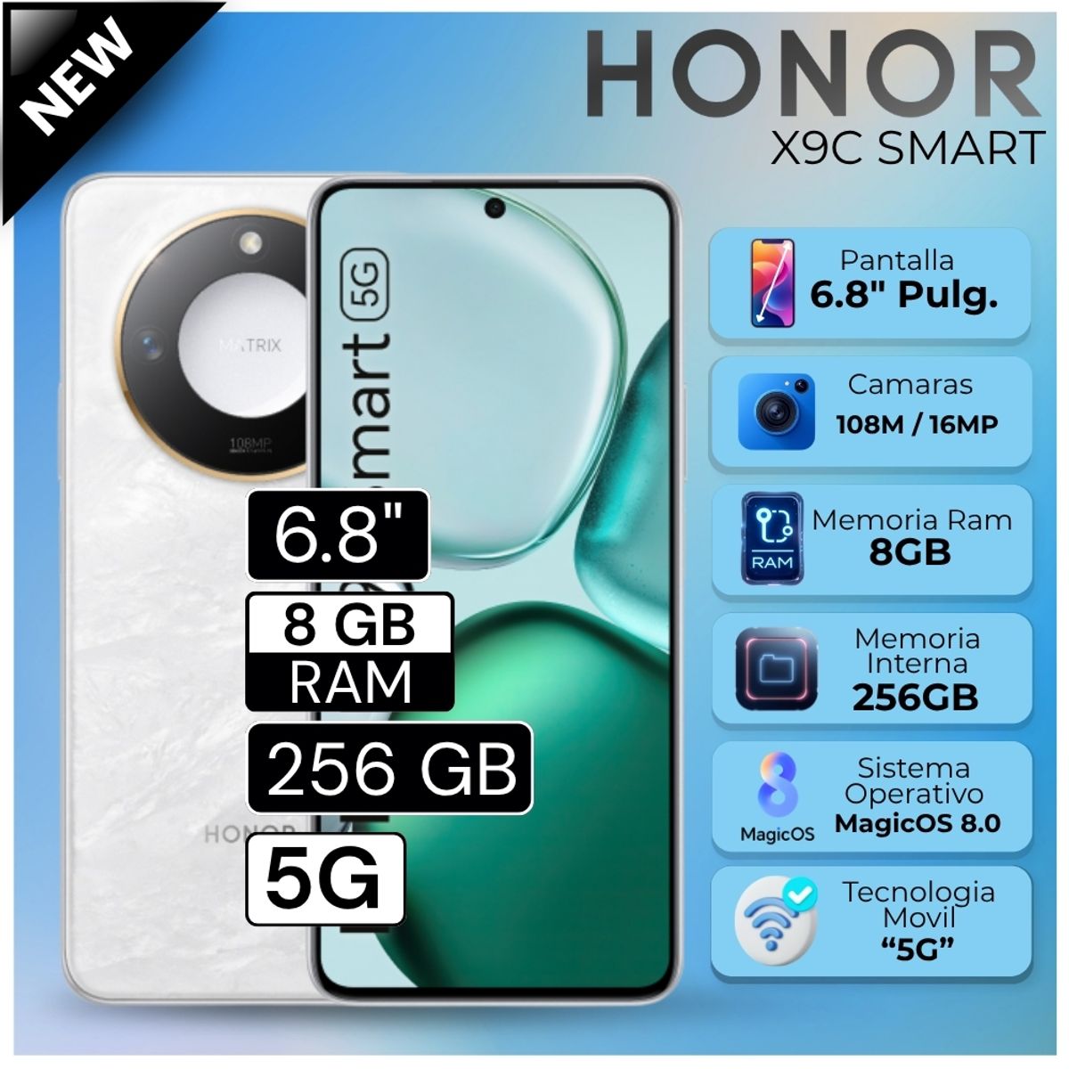 HONOR - Celular Honor X9C Smart 5G  6.8"  Pulg. 8GB RAM 256GB RAM MagicOS 8.0 - Blanco Lunar