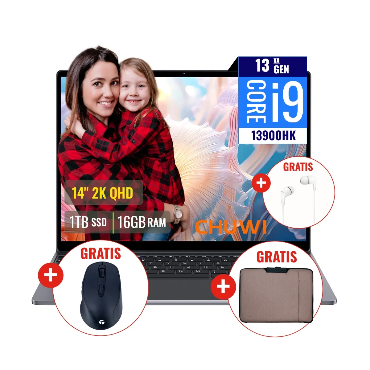 Combo Laptop CHUWI CoreBook X CWI570 Intel Core i9 16GB RAM 1TB SSD 14 QHD + Funda + Mouse + Audifono, marca CHUWI - Foto Principal