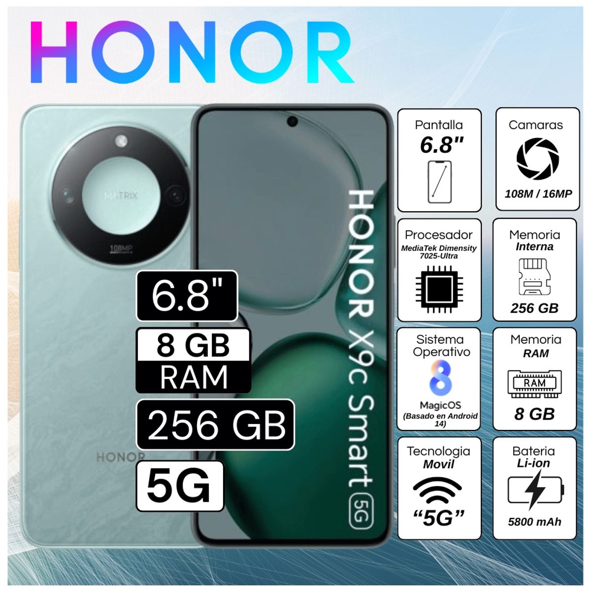 HONOR - Celular Honor X9C Smart 5G  6.8"  Pulg. 8GB RAM 256GB RAM MagicOS 8.0 - Azul Cian