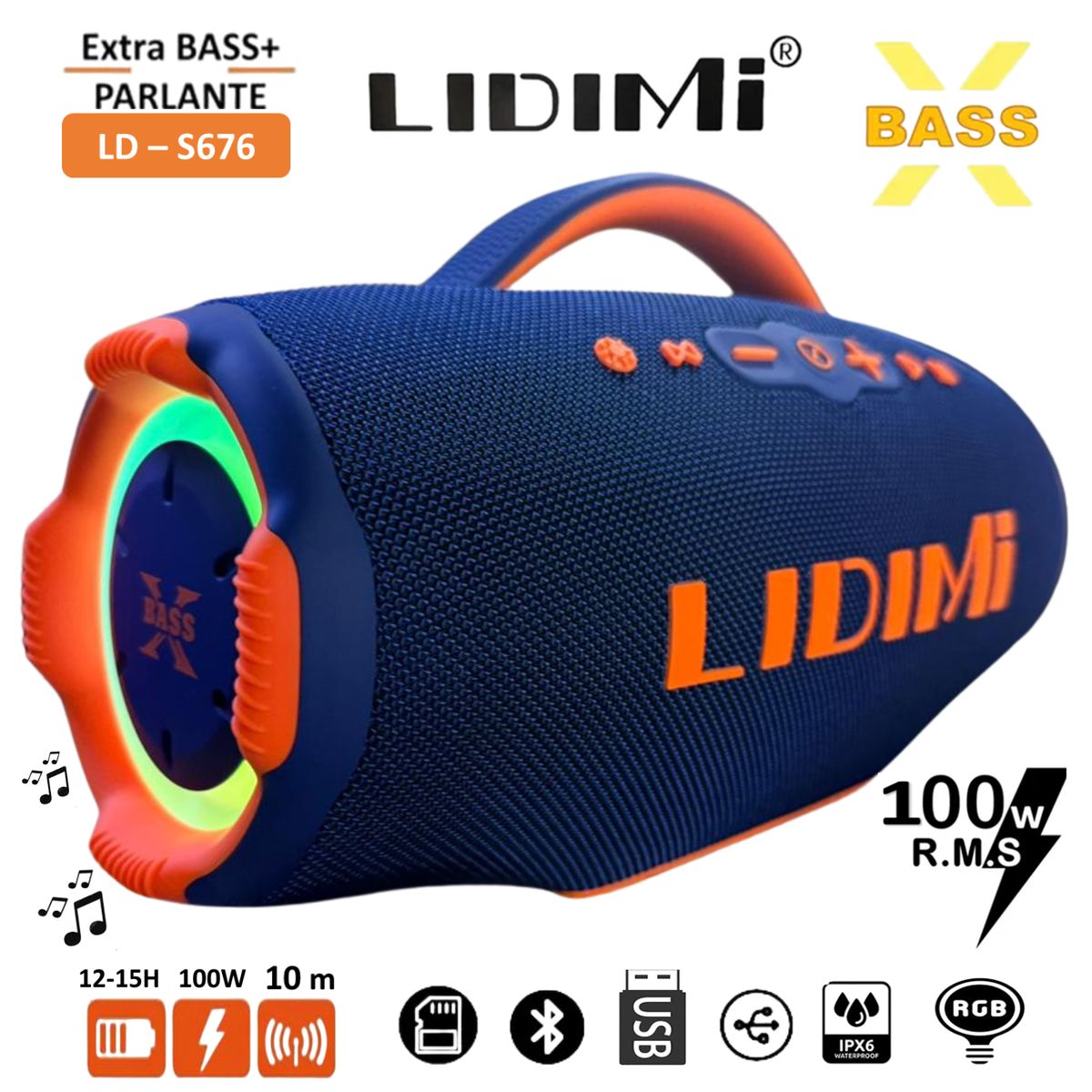 LIDIMI - Parlante Portátil Lidimi LD-S676 Extra Bass 100W Bluetooth USB
