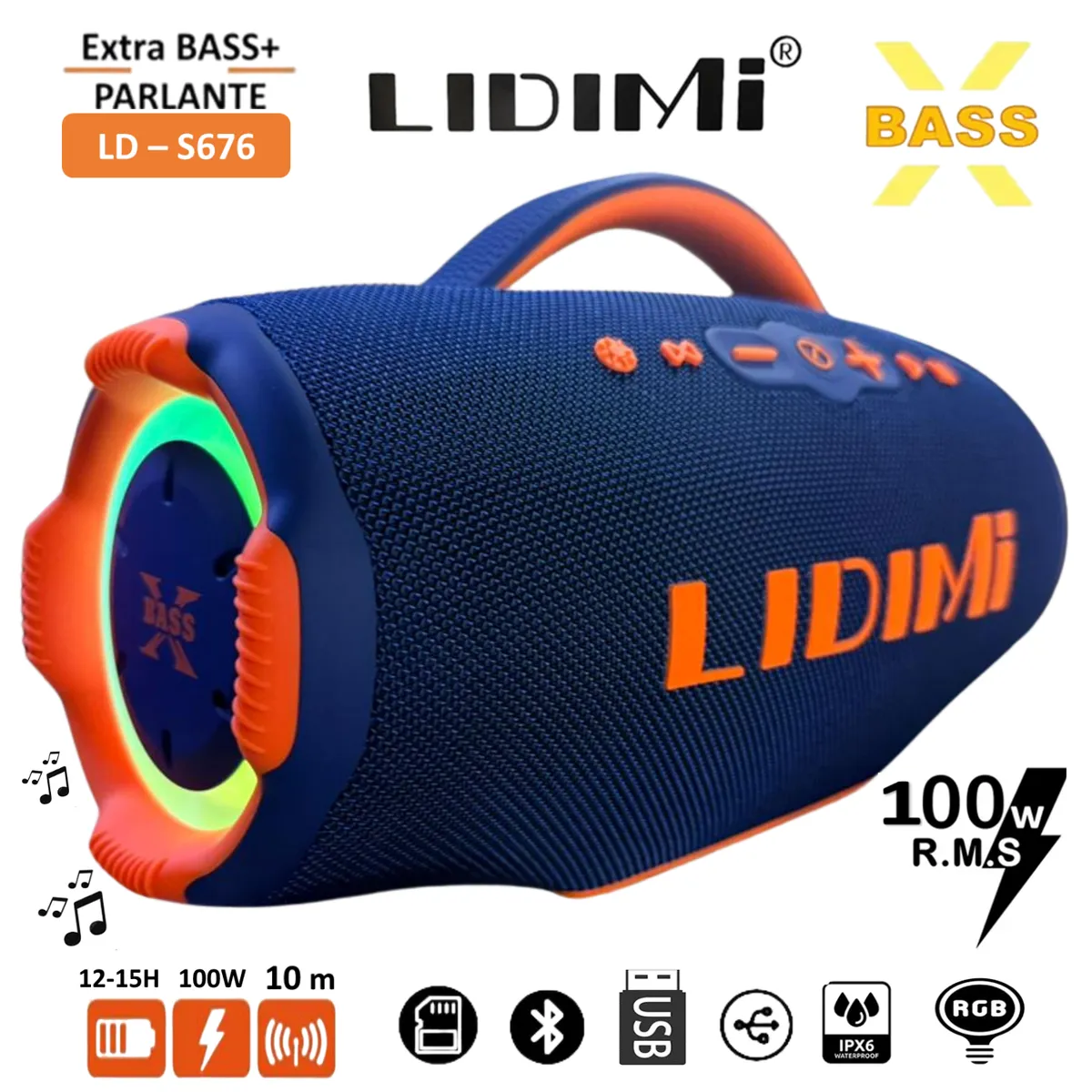 LIDIMI - Parlante Portátil Lidimi LD-S676 Extra Bass 100W Bluetooth USB