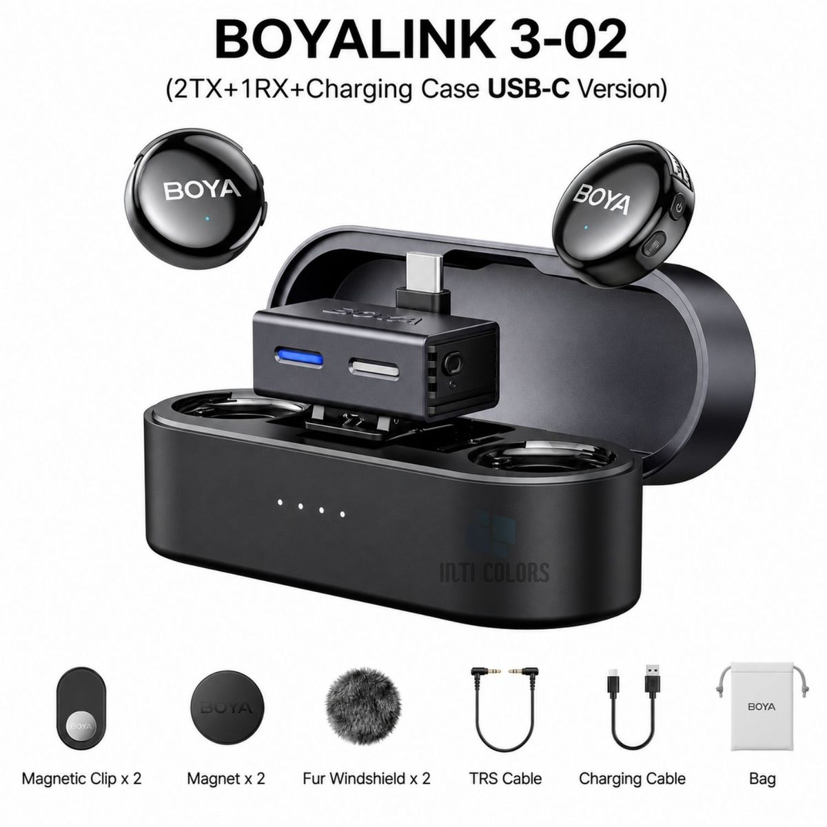 BOYA - Micrófono BOYA BOYALINK 3-02 USB-C 2 TX + RX, Estuche, TRS 3.5mm, IA, 300m, Negro