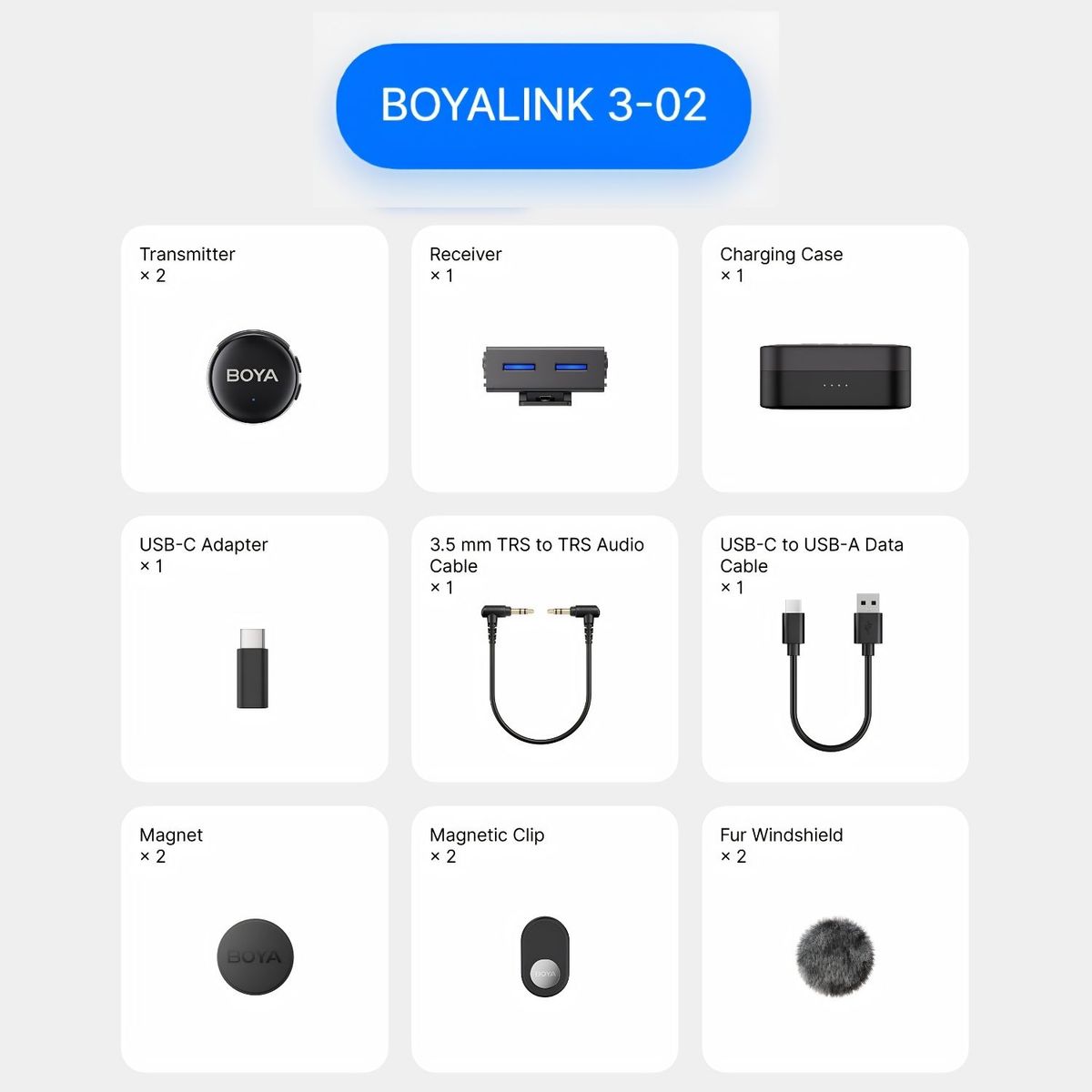 BOYA - Micrófono BOYA BOYALINK 3-02 USB-C 2 TX + RX, Estuche, TRS 3.5mm, IA, 300m, Negro