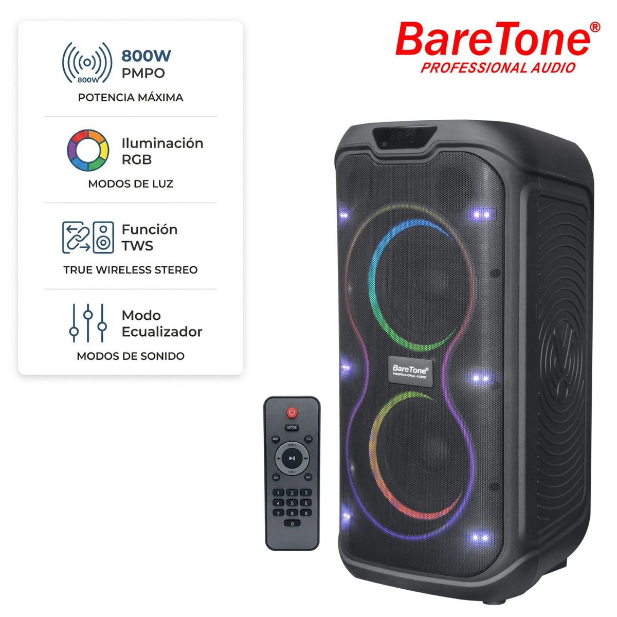 BARETONE - Parlante Baretone MAX-265E1 PMPO 800W USB BT TWS Luces RGB
