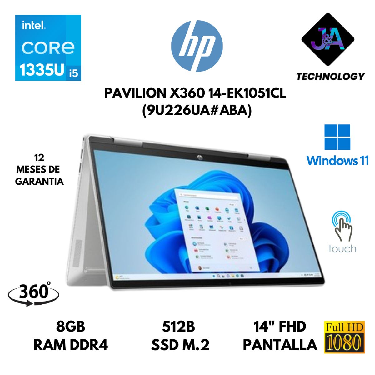 HP - LAPTOP HP PAVILION X360 14-EK1051CL CORE I5-1335U 8GB RAM 512GB SSD PANTALLA 14 FHD WIN11 AMERICANA