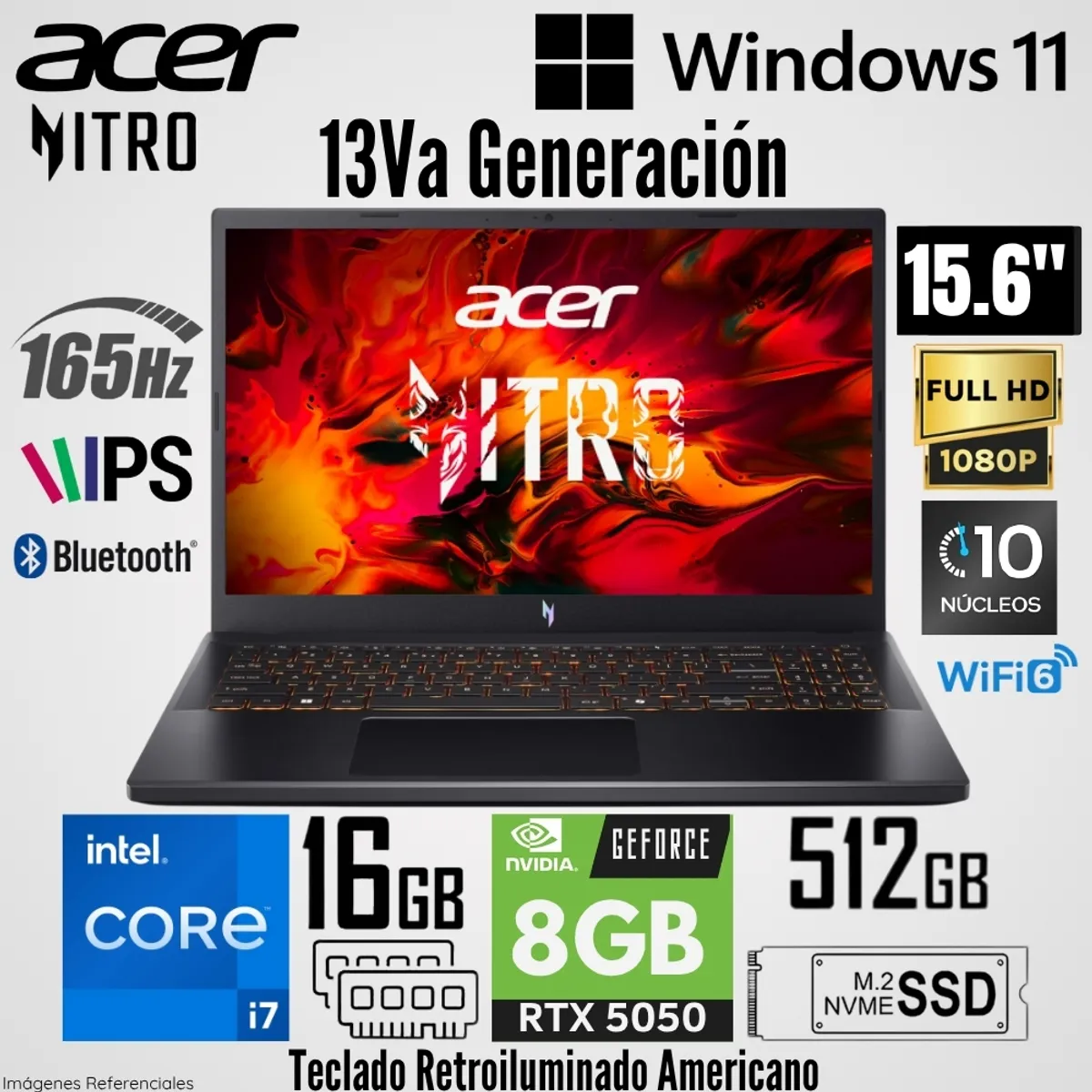 ACER - Laptop Acer Nitro V15 ANV15 Intel Core i7-13620H 16GB RAM 512GB SSD RTX 5050-8GB 15.6"  FHD 165Hz