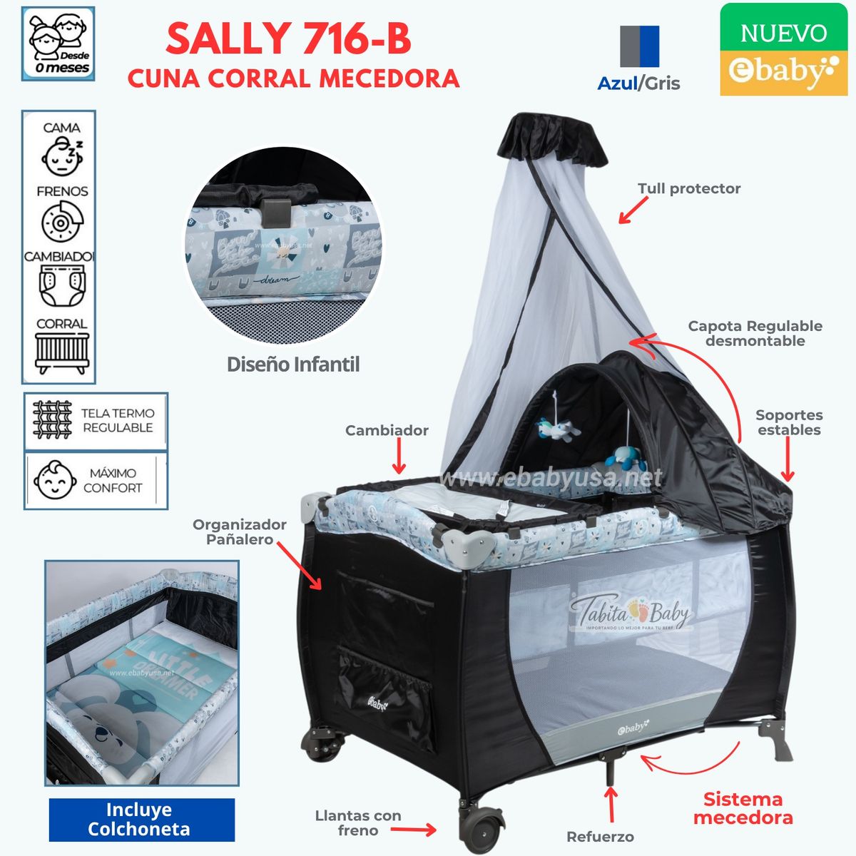 EBABY - Cuna corral mecedora y Cambiador Sally 716-B AzulGris