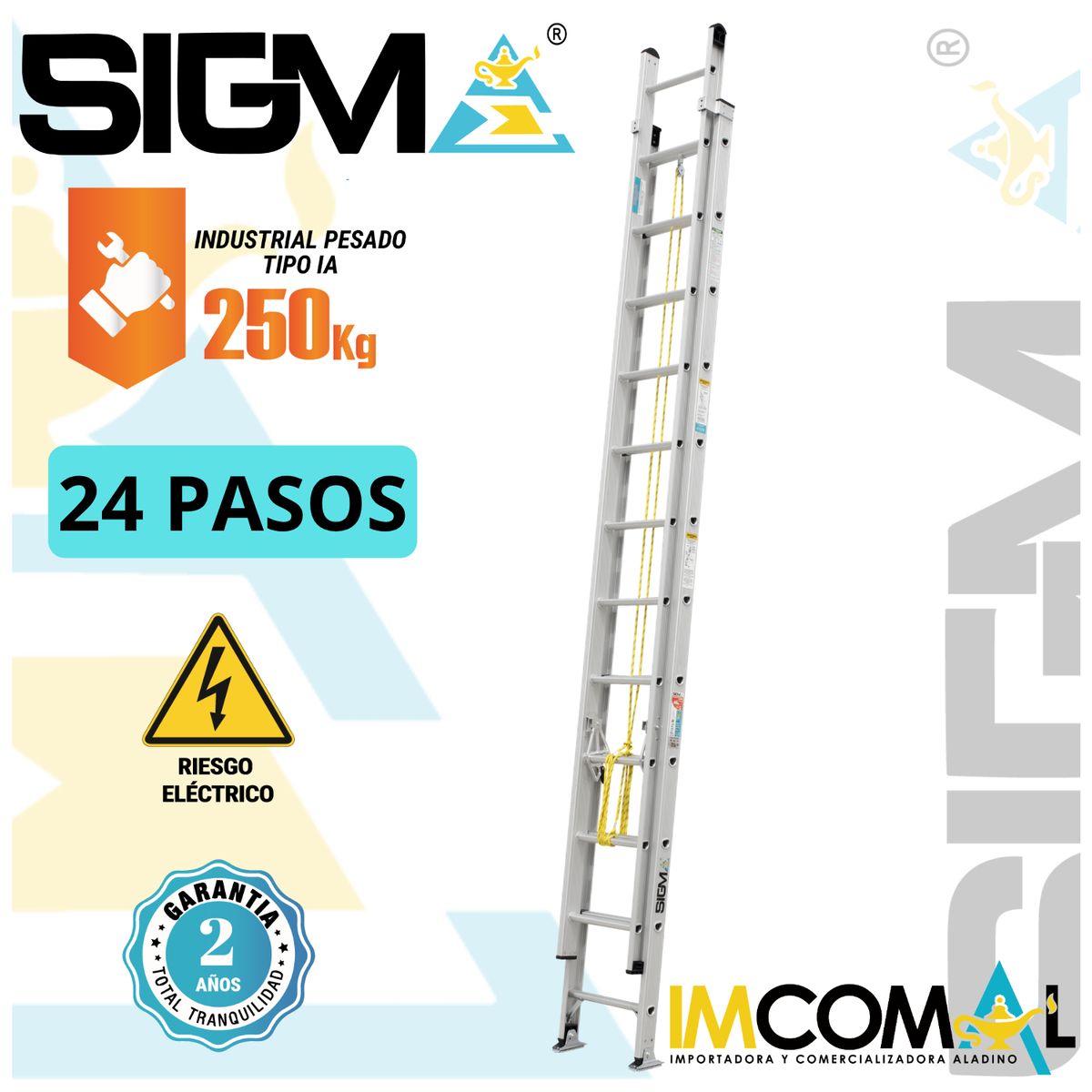 SIGMA - Escalera Aluminio Telescópica de 24 Pasos. Cap. Max. de Carga 250 Kg. Tipo IA Industrial Pesado