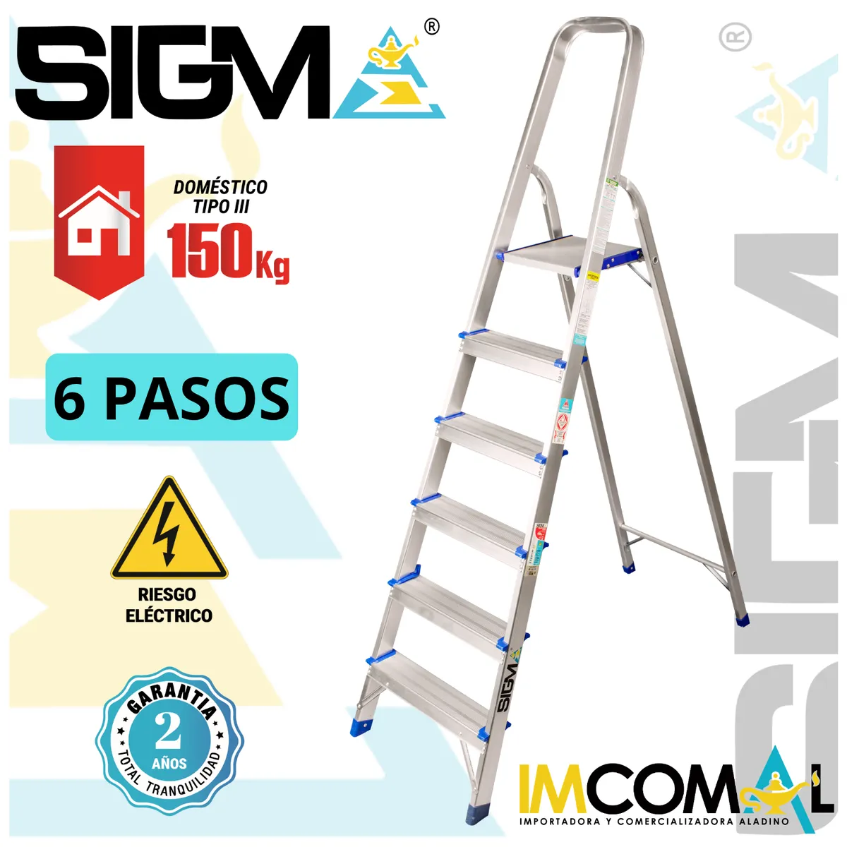 SIGMA - Escalera Aluminio Banqueta de 6 Pasos. Cap. Max. de Carga 150 Kg. Tipo III Domestica